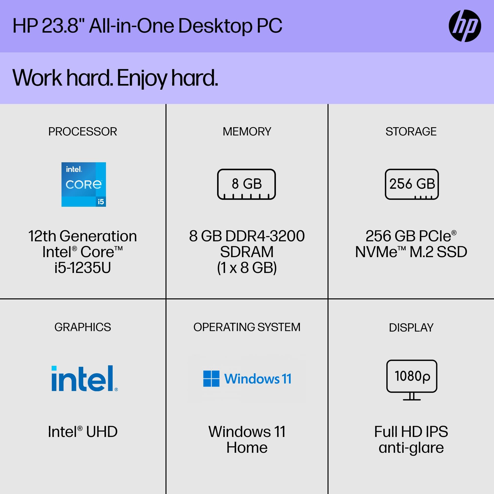 HP HP 24 inch All-in-One Desktop PC, FHD Display, Intel Core i5-1235U, 8 GB SDRAM, 256 GB SSD, Intel UHD Graphics, Windows 11 Home, 24-cb1210 (2024)