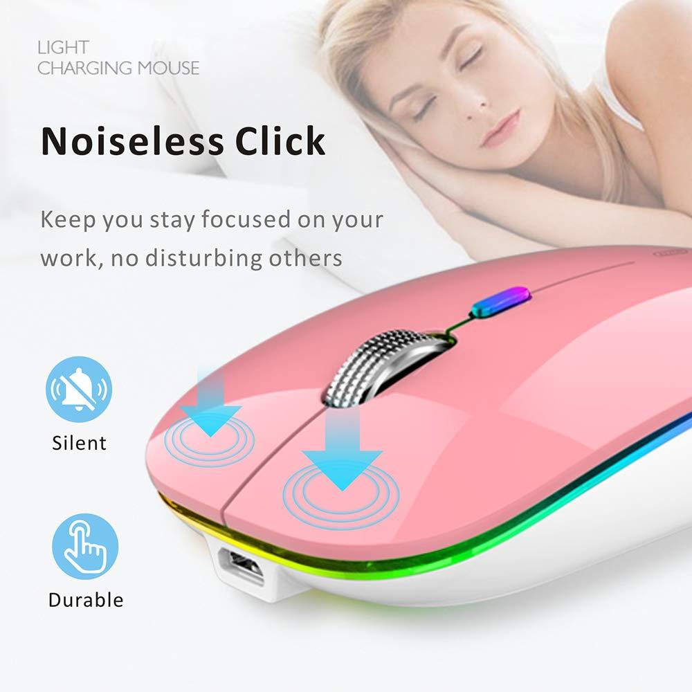 Uiosmuph Uiosmuph LED Wireless Mouse, G12 Slim Rechargeable Silent 2.4G Portable USB Optical Computer Mice with Receiver and Type C Adapter (Pink)