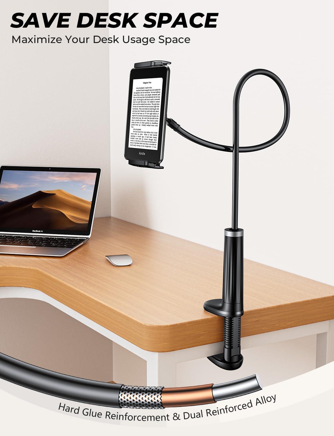 Tryone Gooseneck Phone Holder Tablet Stand for Bed:[Swivel Base] Adjustable Flexible Lazy Arm with 2 Clips Phone Tablet Holder Mount Compatible iPad Pro Air Mini | Kindle | Switch or Other 4-12.9" Device