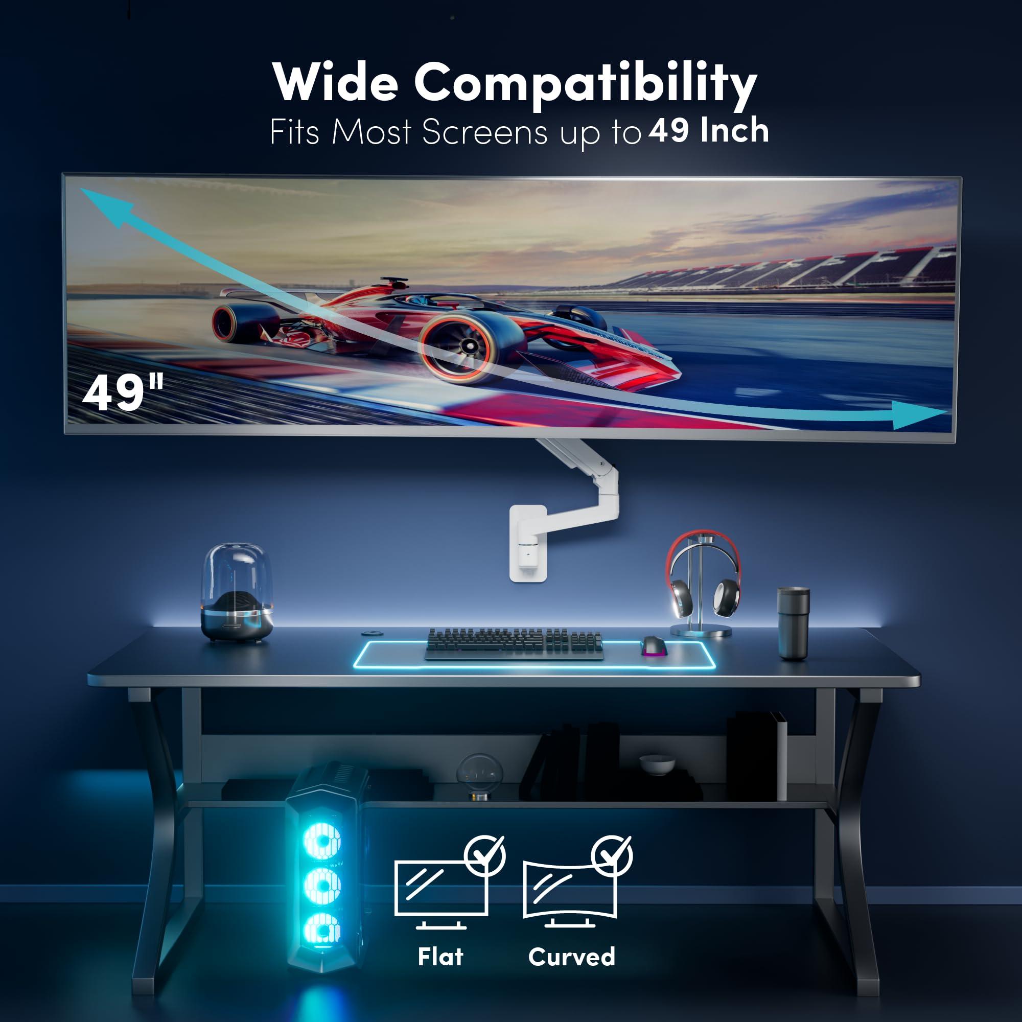 QUARX Monitor Wall Mount for 17-49 Inch Ultrawide Monitors, Single Monitor Arm Holds 4.4-44 lbs Screens, Adjustable Premium Aluminum Wall Mount with Max VESA 100x100 for Samsung Odyssey G9 and More, White