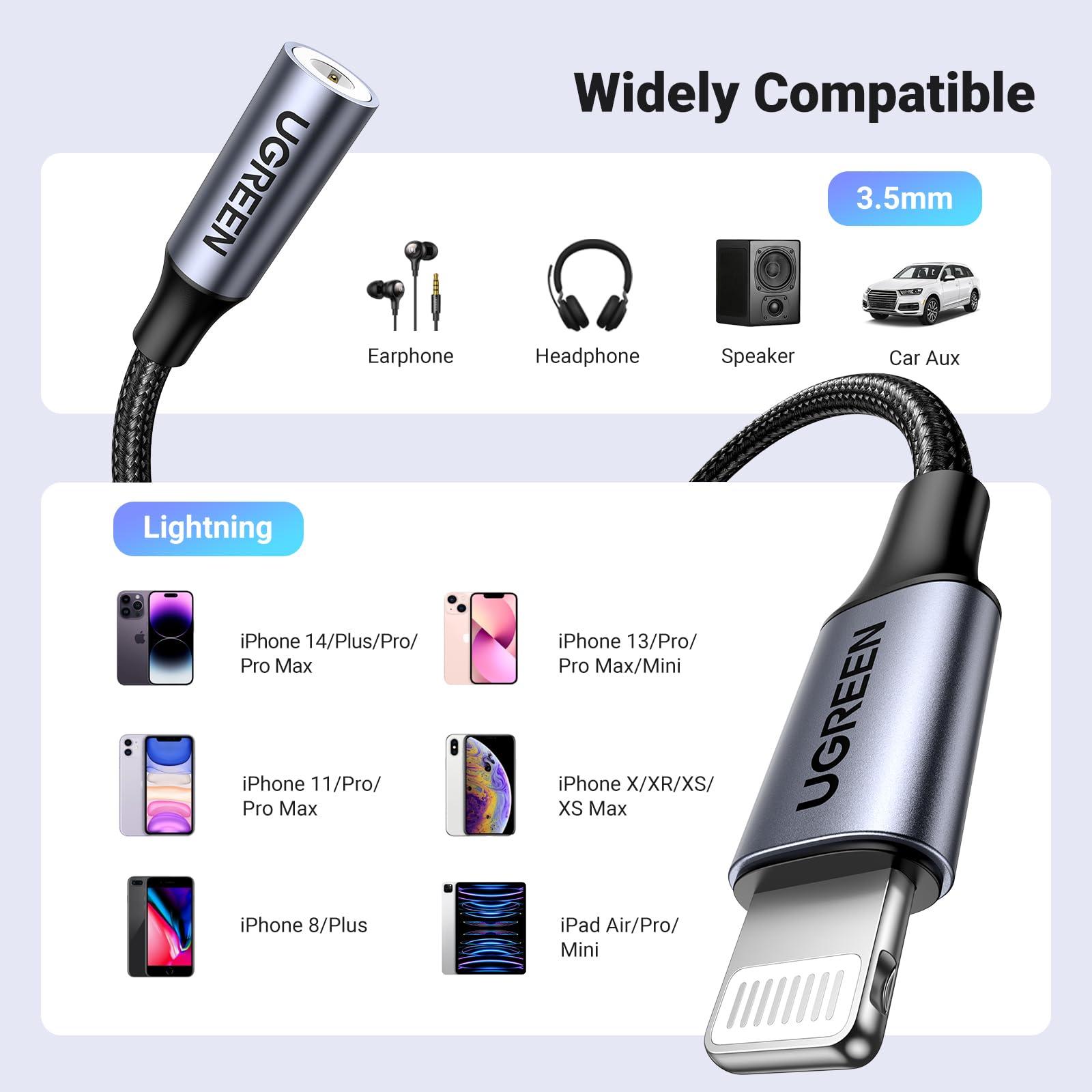 UGREEN UGREEN Headphone Adapter Lightning to 3.5mm Adapter Apple MFi Certified Bundle with 3.5mm Audio Cable Braided 4-Pole Hi-Fi Stereo 3FT