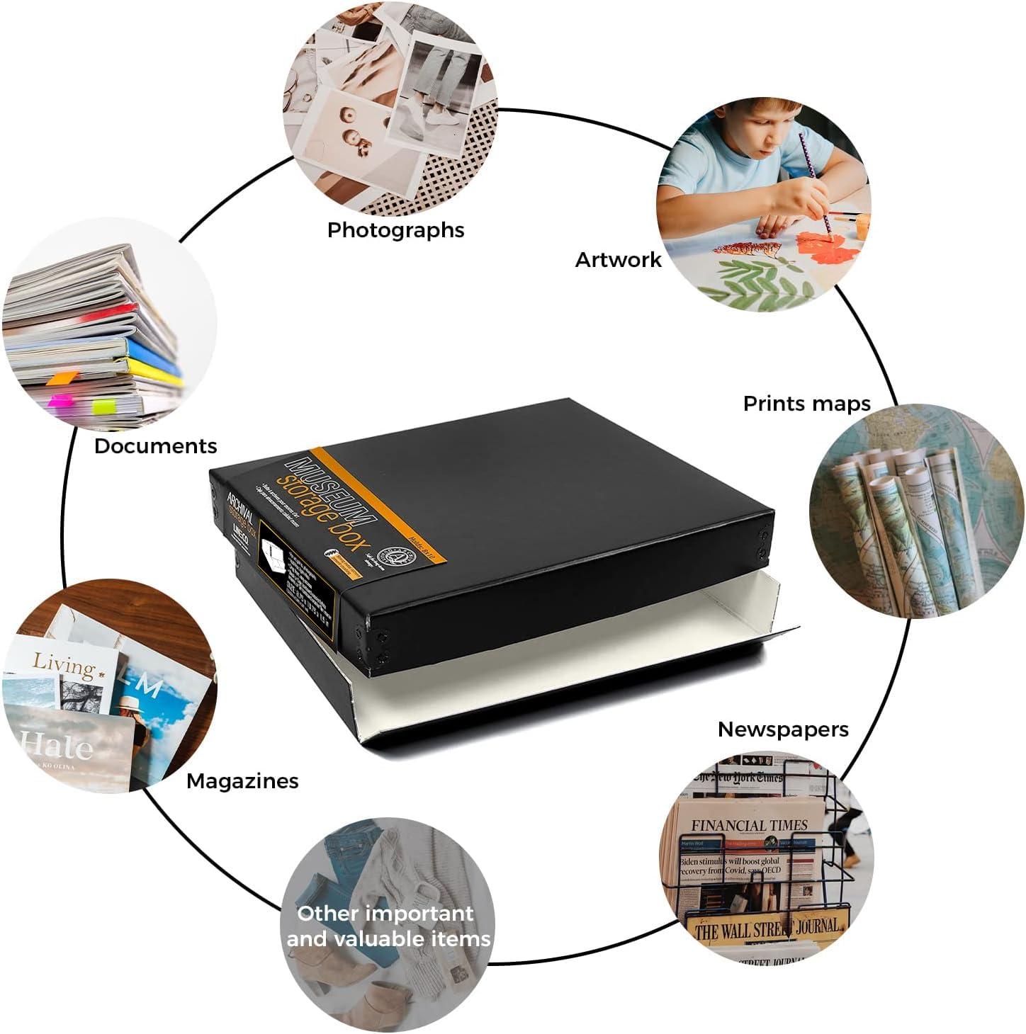 Lineco Lineco Museum Archival Storage Box, 8.75x10.75x1.5 in. Drop Front Design. Acid-Free with Metal Edge. Organize Photos, Pictures, Prints, Documents, Crafts, DIY. Black, 2 Pack