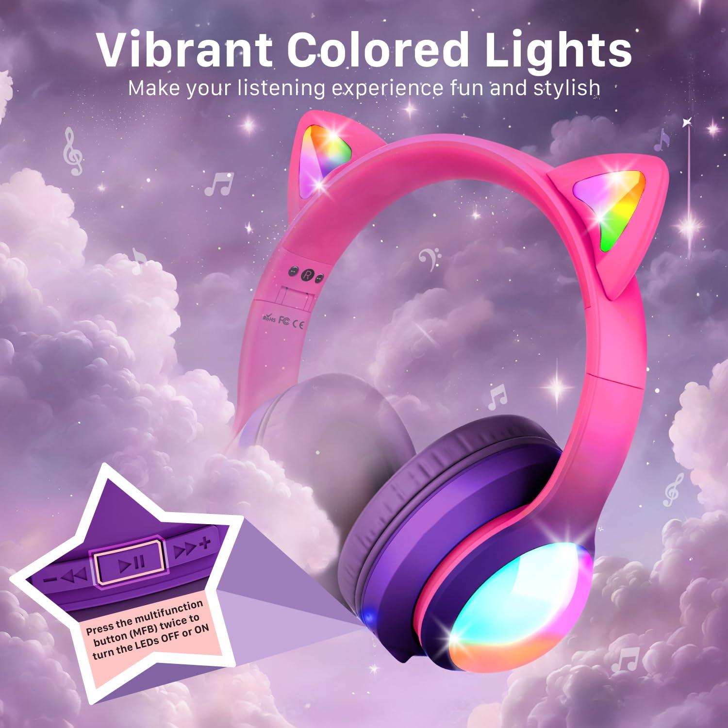 FosPower FosPower Kids Bluetooth 5.2 Headphones with LED Cat Ears (85/94dB Volume Limit & 100H Play Time) Foldable Wireless/Wired Headset with 3.5mm Cable for School/Travel - Hot Pink/Purple