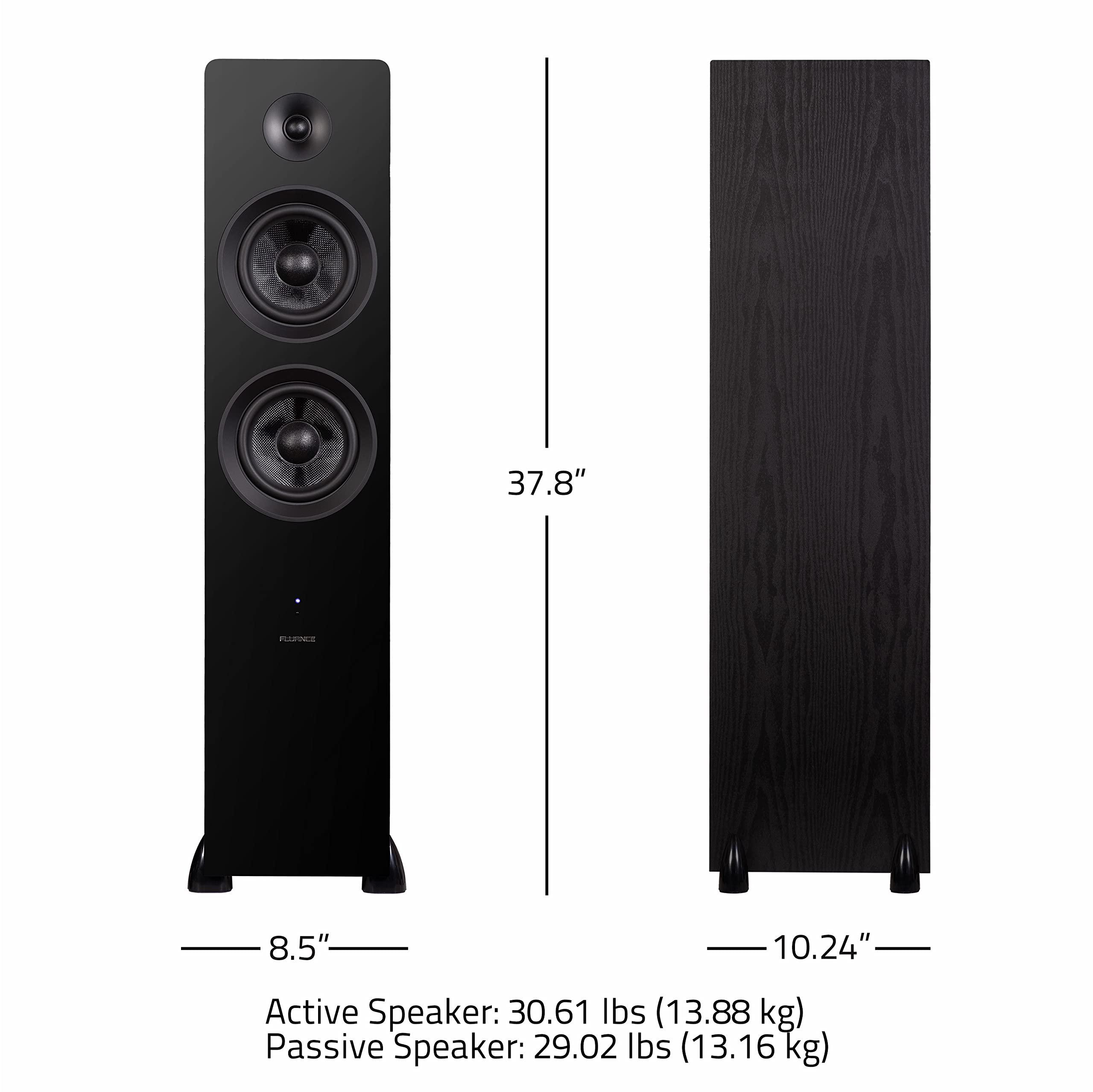 Fluance Fluance Ai81 Elite Powered 2-Way Floorstanding Tower Speakers, 150W Built-in Amplifier for 2.0 Stereo Music & Movie Listening, TV, Turntable, PC & Bluetooth - 2X RCA, Optical, Sub Out (Black Ash)