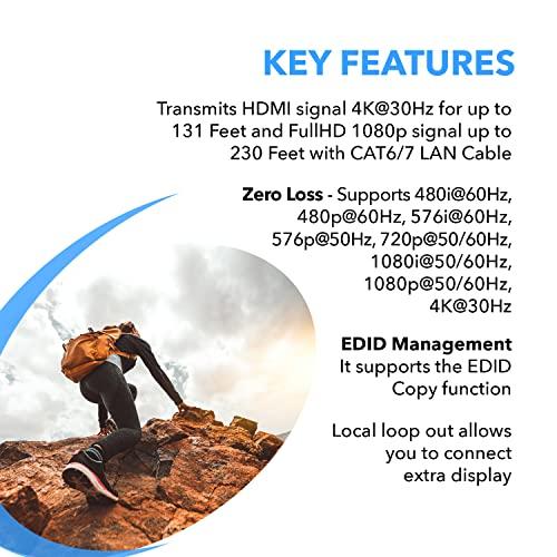 OREI OREI 4K HDMI Over Ethernet CAT6/CAT7 Extender, Extender RJ45 4K@30Hz Upto 130 Ft 1080P Upto 230 FT Full HD POC Transmitter & Receiver IR Loop Out (EX-230C)