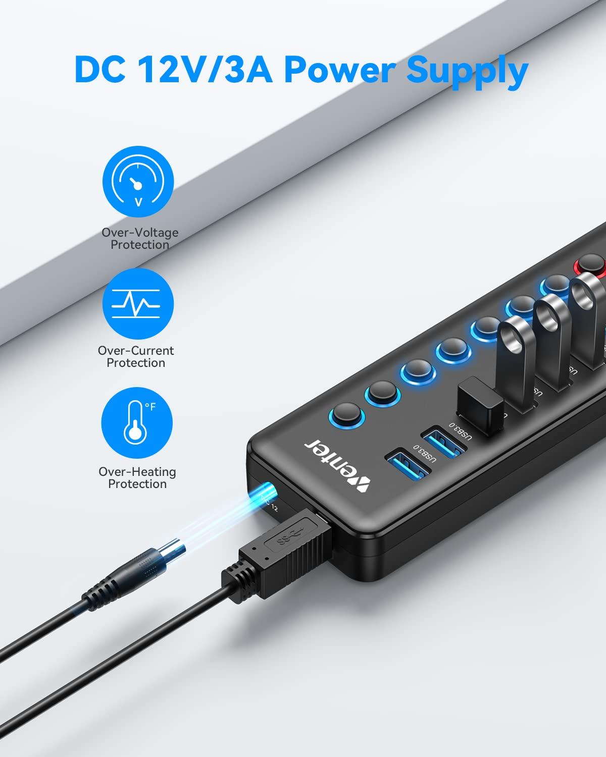 WENTER Powered USB 3.0 Hub, Wenter 11-Port Hub Splitter (7 Faster Data Transfer Ports+ 4 Smart Charging Ports) with Individual LED On/Off Switches, Power Adapter for Mac, PC