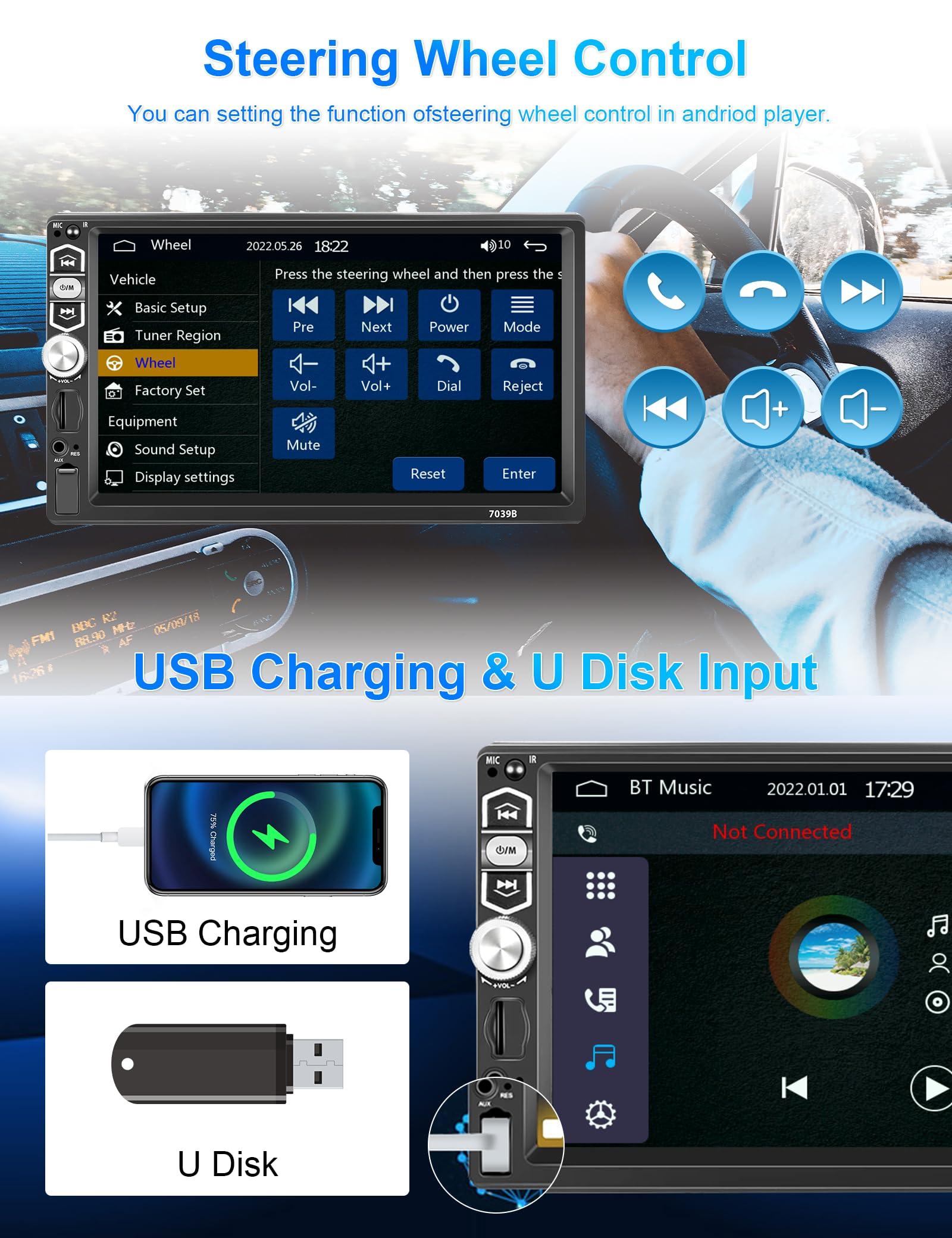 podofo Single Din Car Stereo Radio with Carplay Android Auto,Podofo 7Inch 1080P HD IPS Touchscreen 5.1Bluetooth Car Radio Audio Support FM Radio EQ Mirror Link SWC USB/TF/Aux-in Ports+Backup Camera