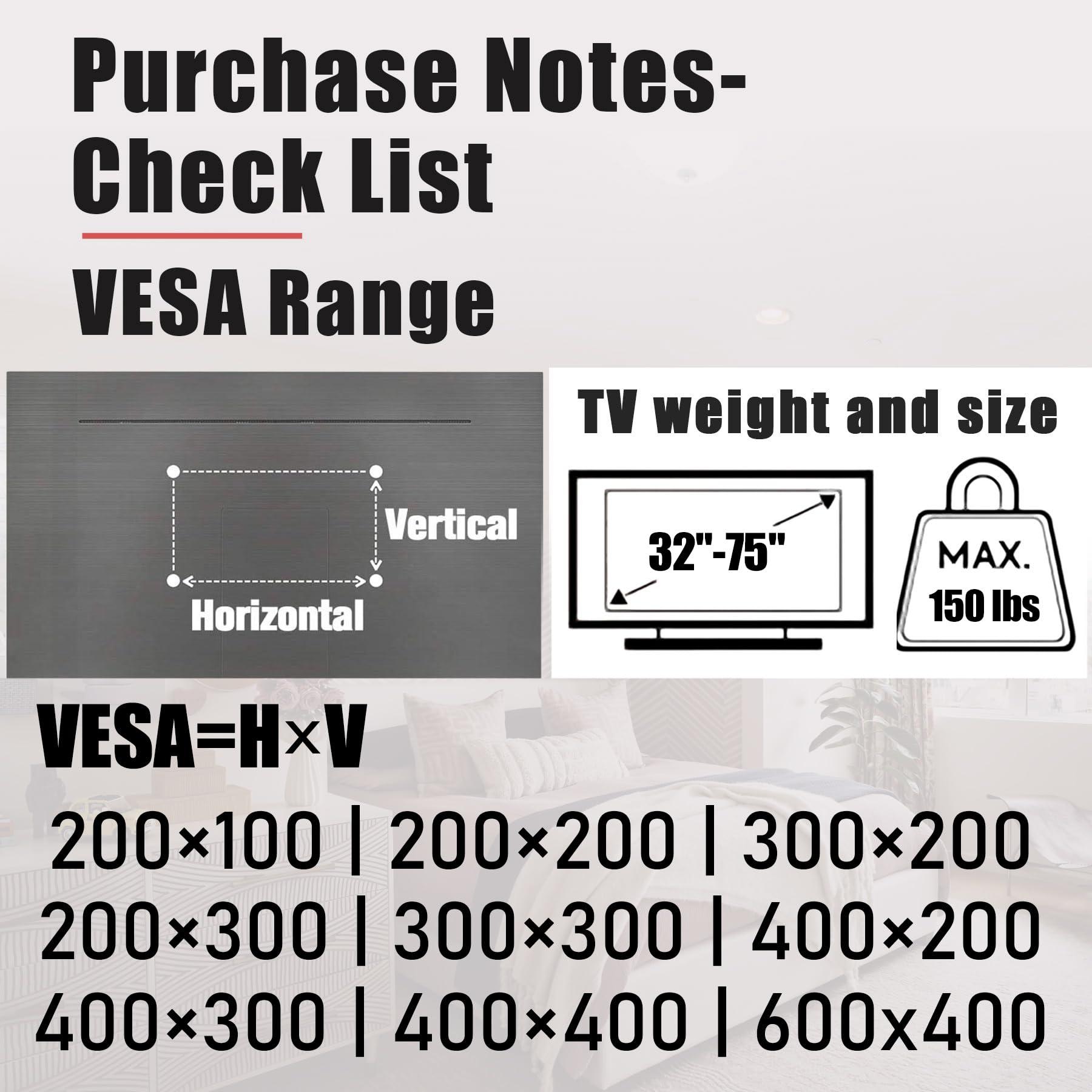Auoace No Stud TV Wall Mount, 32-75 inch TVs Drywall Studless Bracket, No Damage, No Drill, Non Screws, 1 Minutes Easy Install TV Hanger fits VESA 100x100 to 600x400, Include Hardware Levels