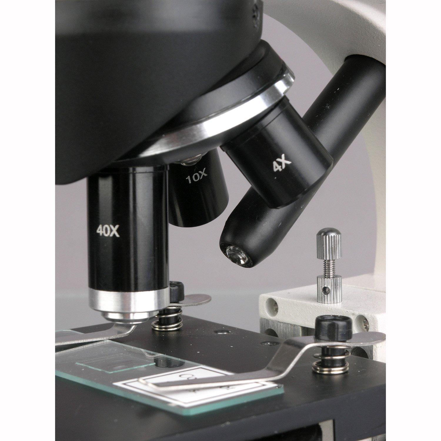 AmScope AmScope M135C-2L-PB10 Compound Monocular Microscope, WF10x and WF25x widefield eyepieces, 40x-1000x Magnification, Brightfield, Upper and Lower LED Illumination, Plain Stage, Cordless Operation with Rechargeable