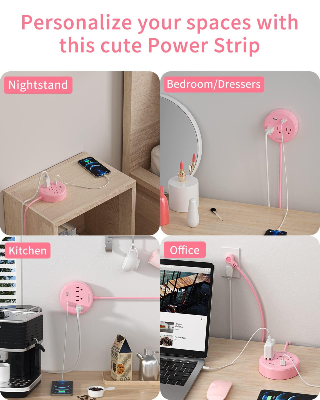 NTONPOWER Pink Extension Cord 15ft, NTONPOWER Flat Plug Power Strip with Long Extension Cord, 3 Outlet 2 USB Desktop Charging Station Wall Mount for Home, Dorm Room, Office and Nightstand, ETL Listed
