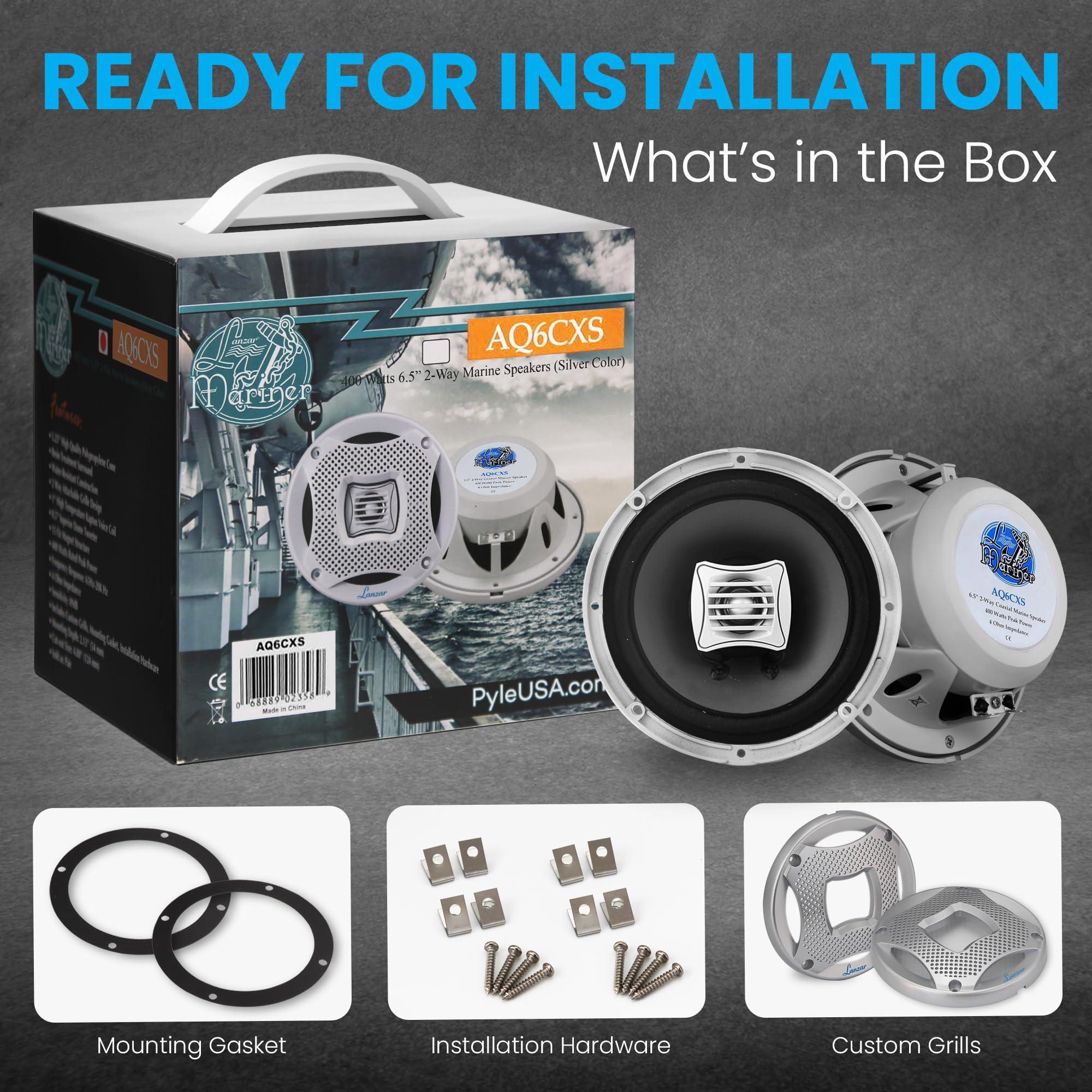 LANZAR LANZAR 6.25 Inch Marine Speakers - 2 Way Water Resistant Audio Stereo Sound System with 400 Watt Power, Attachable Grills and Resin Treatment for Indoor and Outdoor Use - 1 Pair - AQ6CXS (Silver)