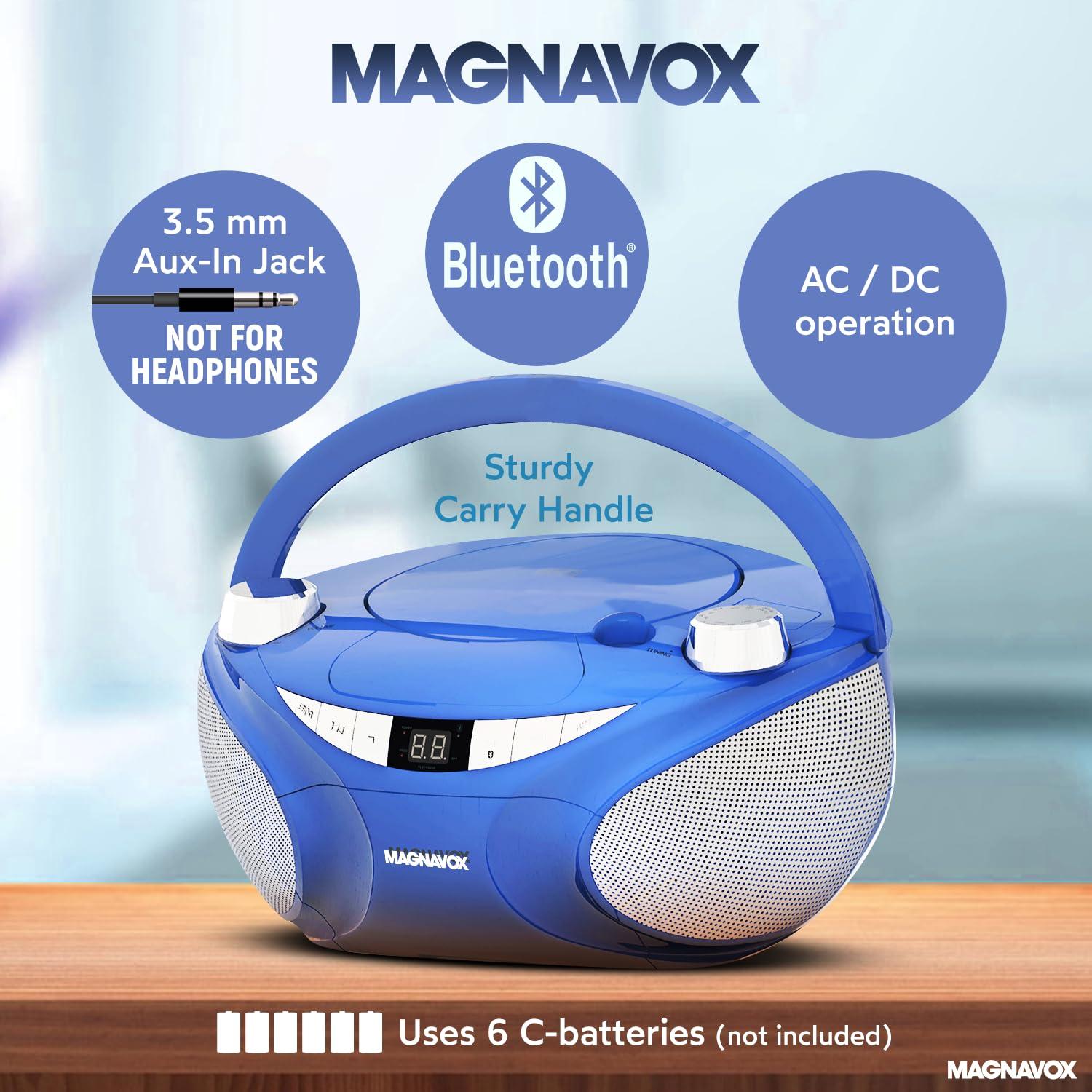 Magnavox Magnavox MD6949 Portable Top Loading CD Boombox with AM/FM Stereo Radio and Bluetooth Wireless Technology in Black | CD-R/CD-RW Compatible | LED Display | (Blue)