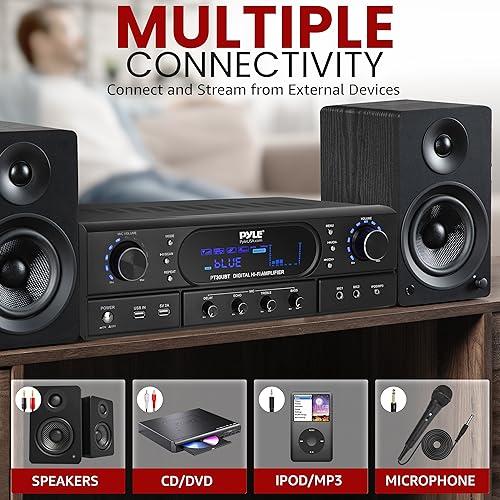 Pyle Pyle Bluetooth Home Theater Receiver Amplifier - 180W Peak Power Amp w/Treble, Bass, Echo Control, MP3/USB/FM, Dual Channel Audio Stereo System for Home Streaming Entertainment, Karaoke, Professional