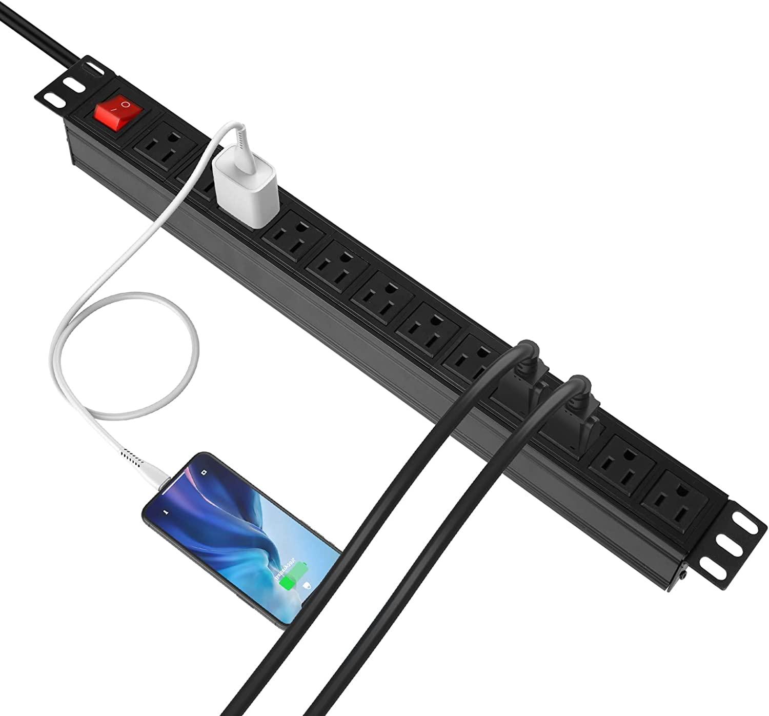 BTU BTU Power Surge Protector Rack-Mount PDU, 12 Outlet Power Strip with Switch, Metal Mountable Heavy Duty for Server Racks, Garage Shop, Industrial Commercial (Black 10FT)