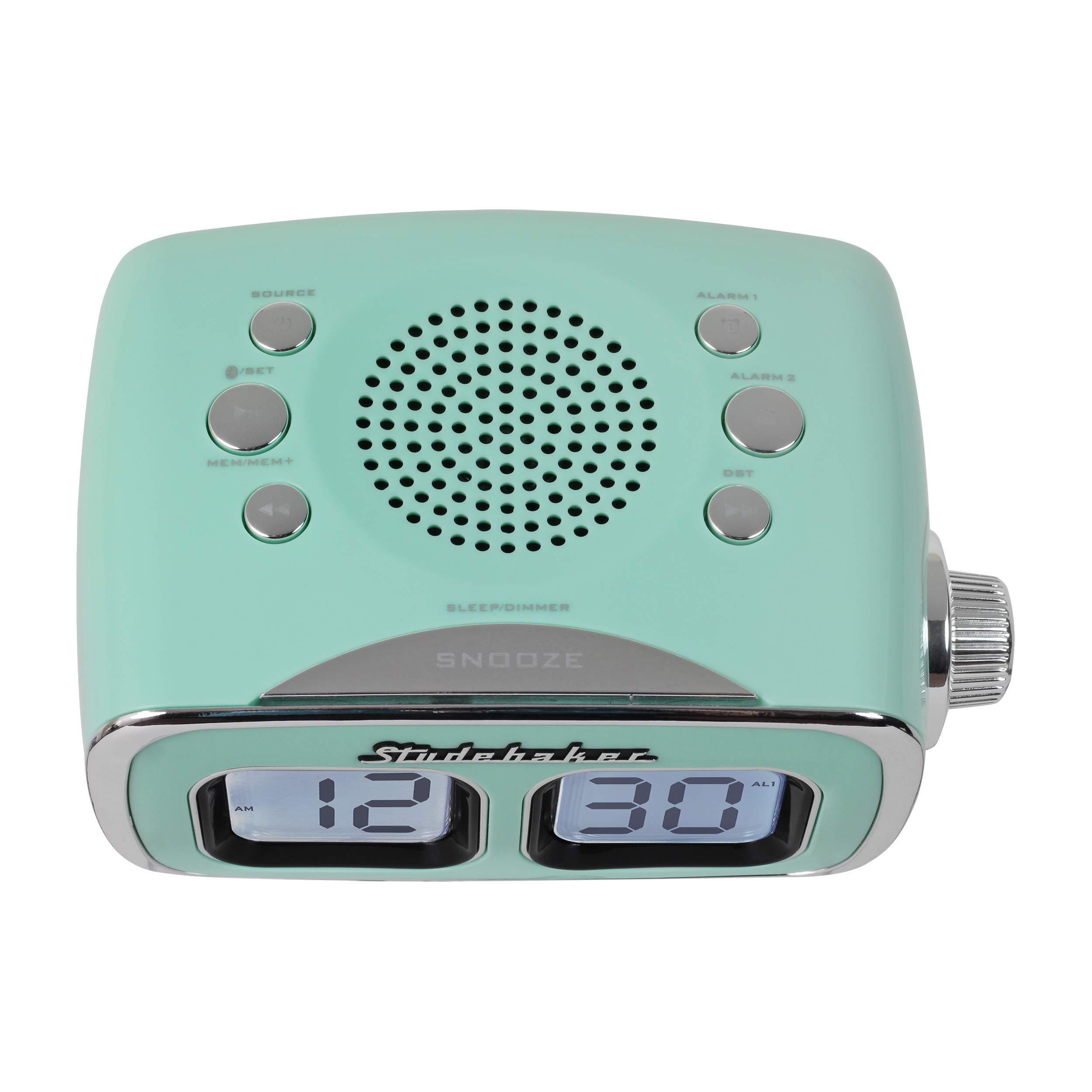 Studebaker Studebaker Large Display LCD AM/FM Retro Clock Radio USB Bluetooth Aux-in Bedroom Kitchen Counter Small Footprint (Teal)