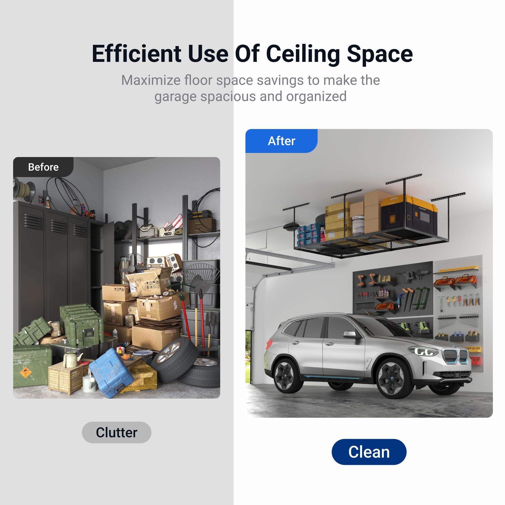 FLEXIMOUNTS FLEXIMOUNTS 4x8 Overhead Garage Storage Rack, Adjustable Garage Storage Organization Systerm, Heavy Duty Metal Garage Ceiling Storage Racks, 600lbs Weight Capacity, Black