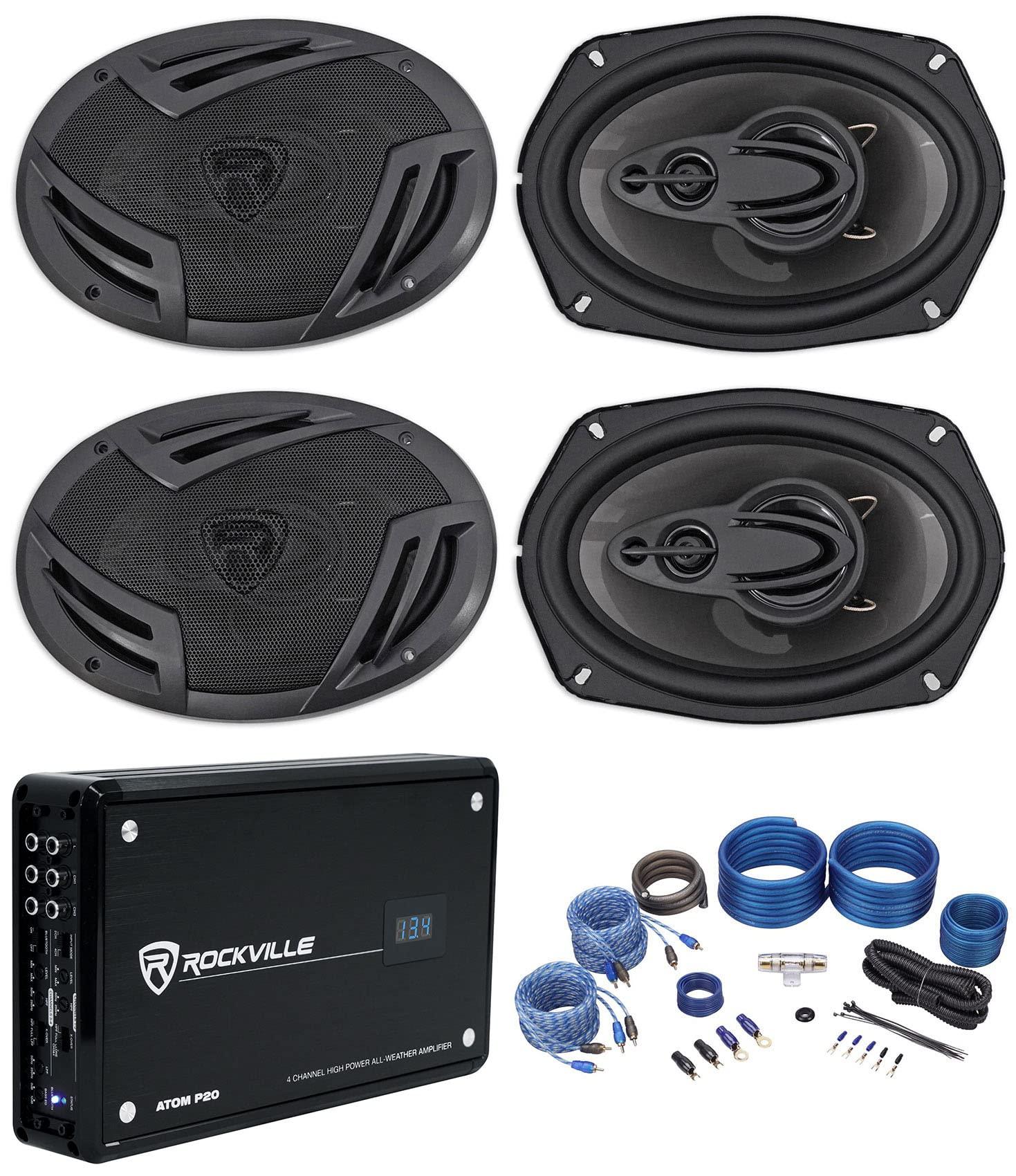Rockville Rockville (4) RV69.4A 6x9 4-Way Car Speakers 1000 Watts/220w RMS CEA Rated Bundle with (1) ATOM P20 Marine/ATV/Car Bluetooth Amplifier, (1) RWK42 Installation Wire Kit (6 Items)