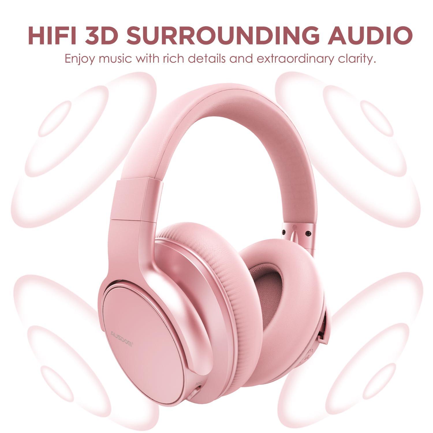 AUSDOM AUSDOM E7 Bluetooth 5.0 Active Noise Cancelling Headphones, Wireless Over Ear ANC with Microphone, Hi-Fi Stereo Sound, 50H Playtime, Comfortable Earpads for Travel Work TV Phones, Rose Gold