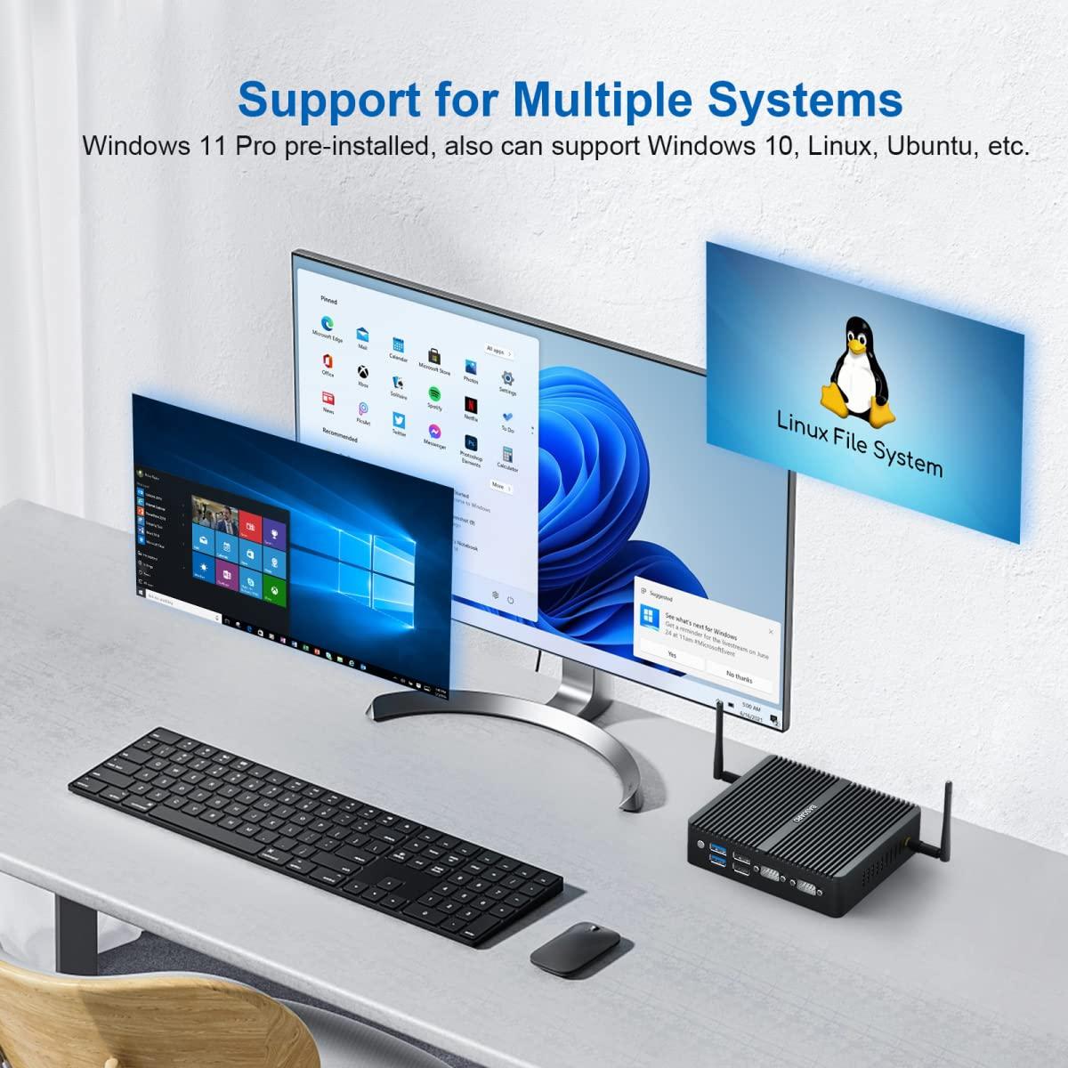 BASOARO BASOARO Mini Desktop PC, Industrial PC Fanless Win 11 Pro, Celeron J6412, 8G RAM 512G SSD 1TB HDD, 2*RS232 COM, Dual LAN, 1*DP, 2*HD, Triple Display, 4K, WiFi, Dual Band WiFi, Mini PC Fanless