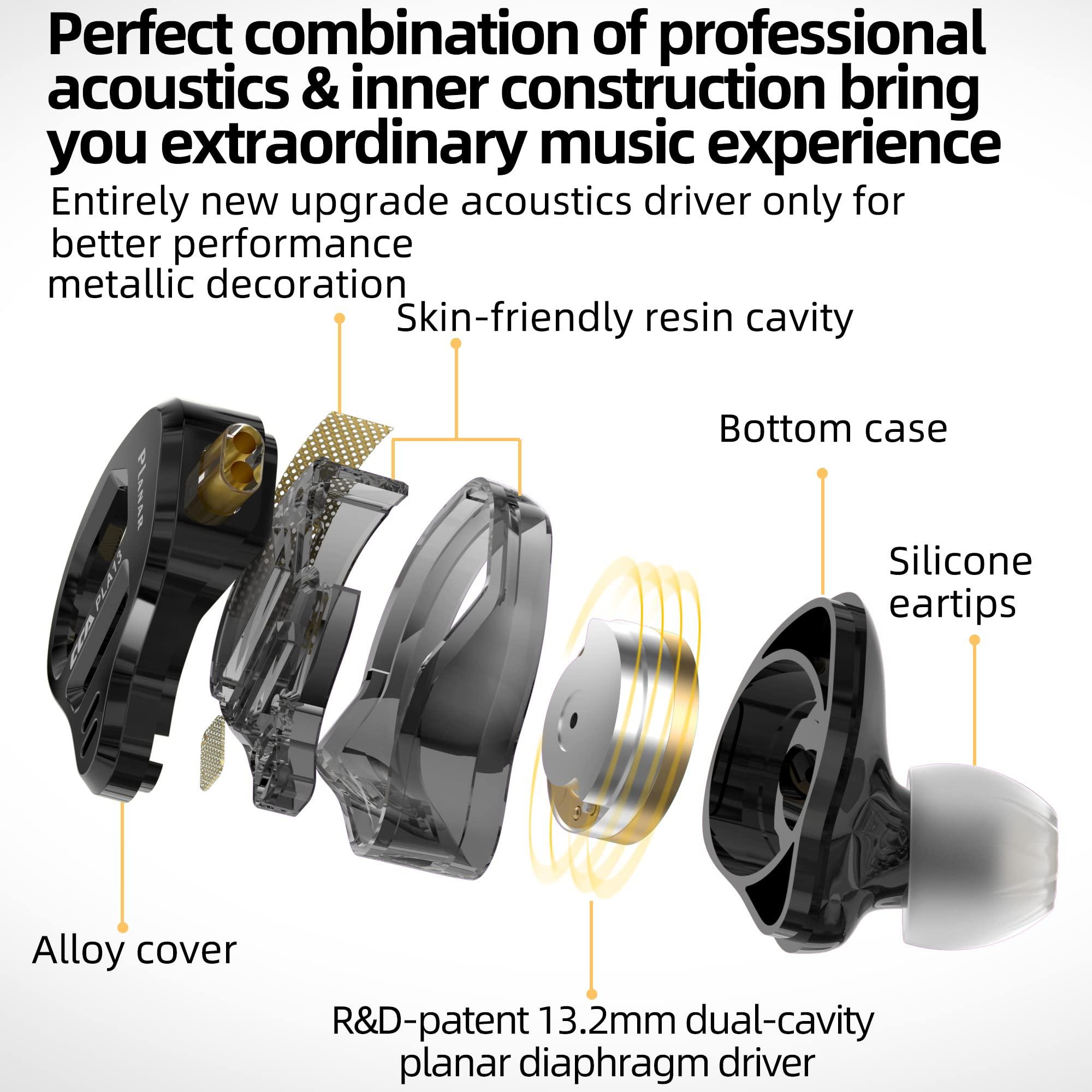 erjigo CCA PLA13 Planar Drivers in-ear Headphones Earbuds, CCA in-ear Monitor Bassy Earphones, iem HIFI Wired ear buds for Audiphile (Black, with Microphone)