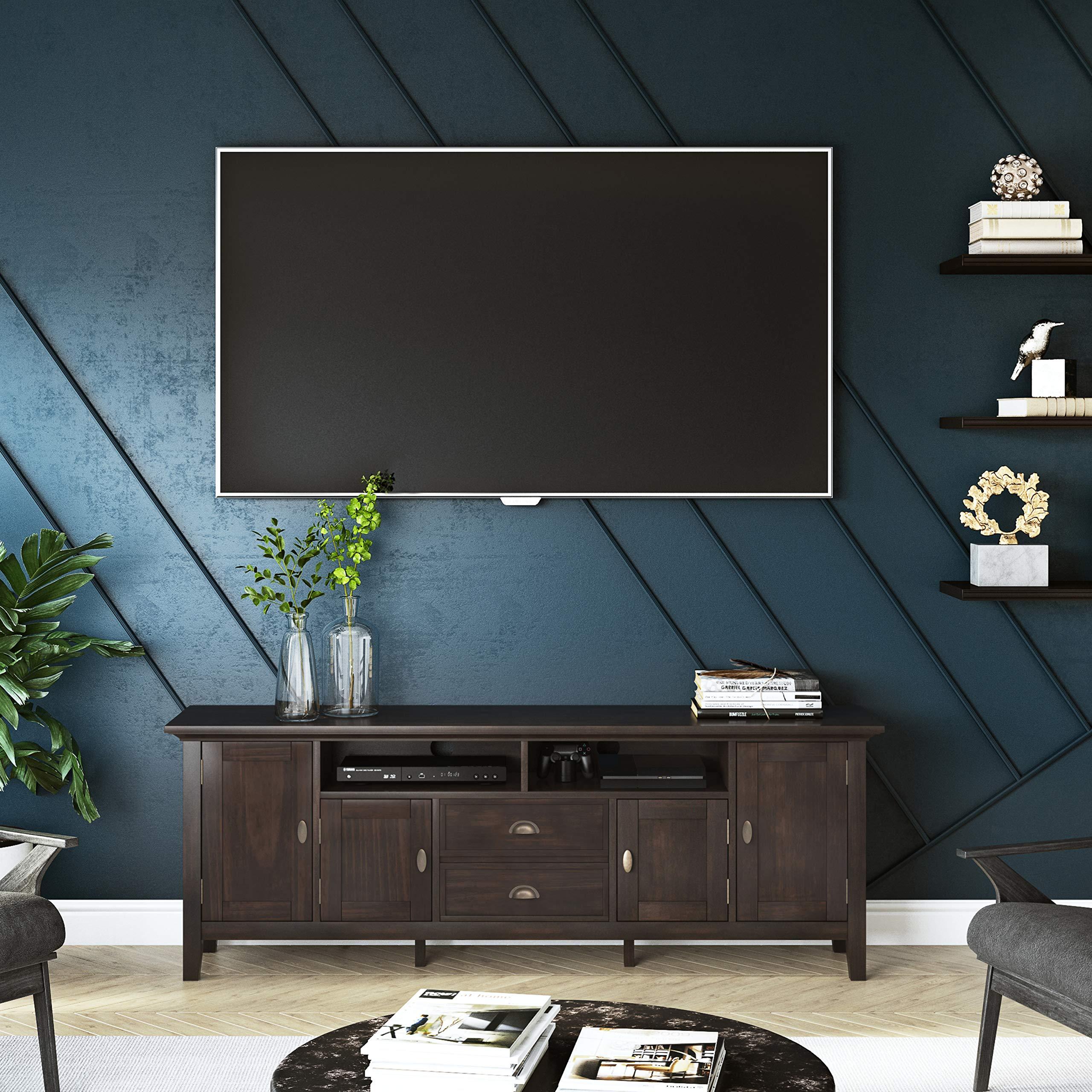 SIMPLIHOME SIMPLIHOME Redmond SOLID WOOD 72 inch Wide Transitional TV Media Stand in Brunette Brown For TVs up to 80 inches for the Living Room and Entertainment Center