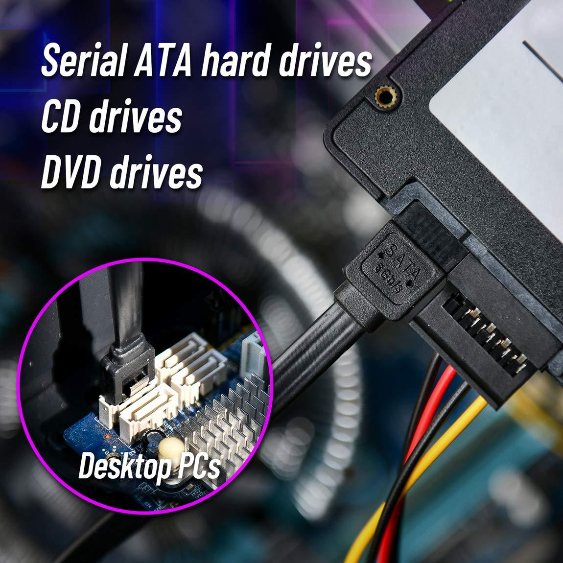 COCOMK SATA Cables III, SSD Data Cable 6.0 Gbps and SATA Power Splitter Cable 4 Pin to Dual 15 Pin Hard Drive Connection Cables Compatible with SATA Connectors, HDD, SSD, CD Driver, CD Writer, 6 Pack (Black)