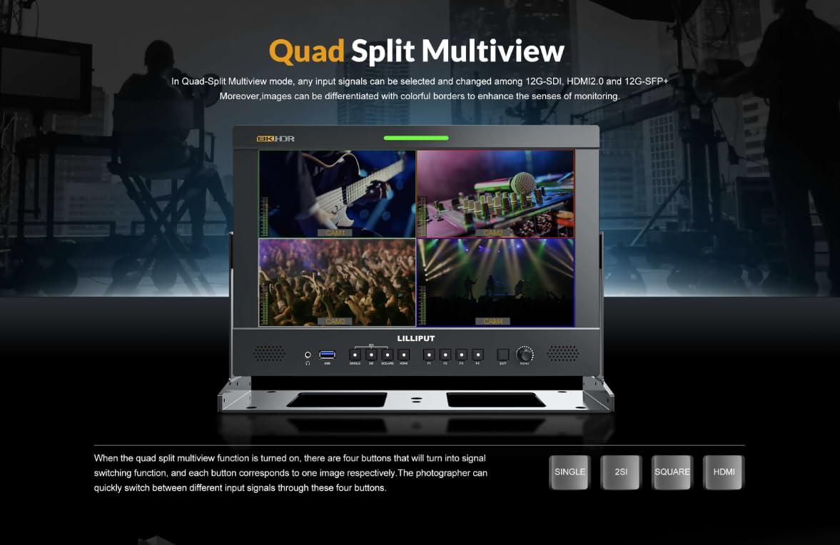 LILLIPUT LILLIPUT Q13-8K - 13.3" 8K 12G-SDI Production Monitor 12G-SDI, 12G-SFP, HDMI 2.0 with Quad View, 3D-LUT, HDR, Gammas, Remote Control, Audio Vector (Q13-8K-VBP with V Mount Plate)