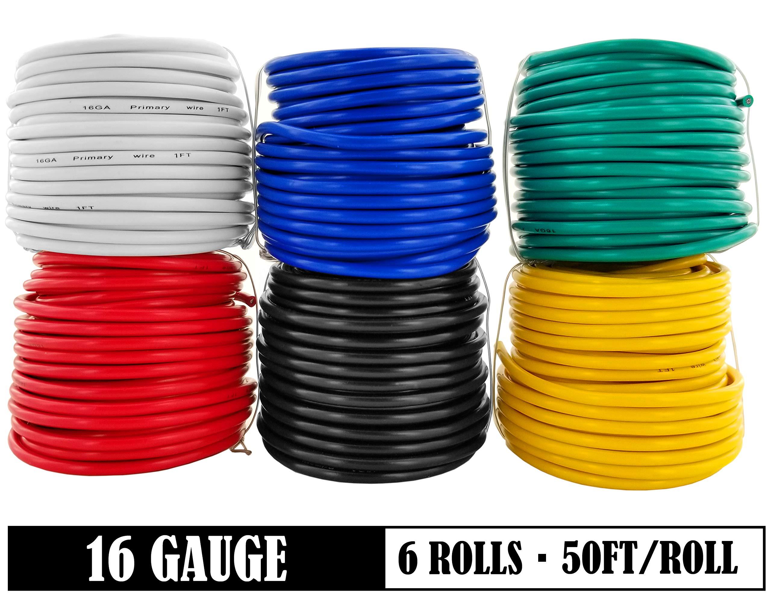 GS Power GS Power 16 Gauge 6 Color Combo 50 Ft Roll (300 ft Total) Copper Clad Aluminum Low Voltage Automotive Primary Harness Wire for Car Stereo Amplifier Remote Trailer Hookup Wiring (Also in 14 & 18 Guage)