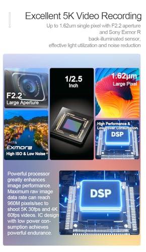 Yoidesu 5K Handheld Pocket Camcorder, 36MP Vlogging Camera with Rotatable 3.5 Inch IPS, 10X Digital Zoom, Night Vision YouTube Portable Video Camera, 120 Wide Angle,