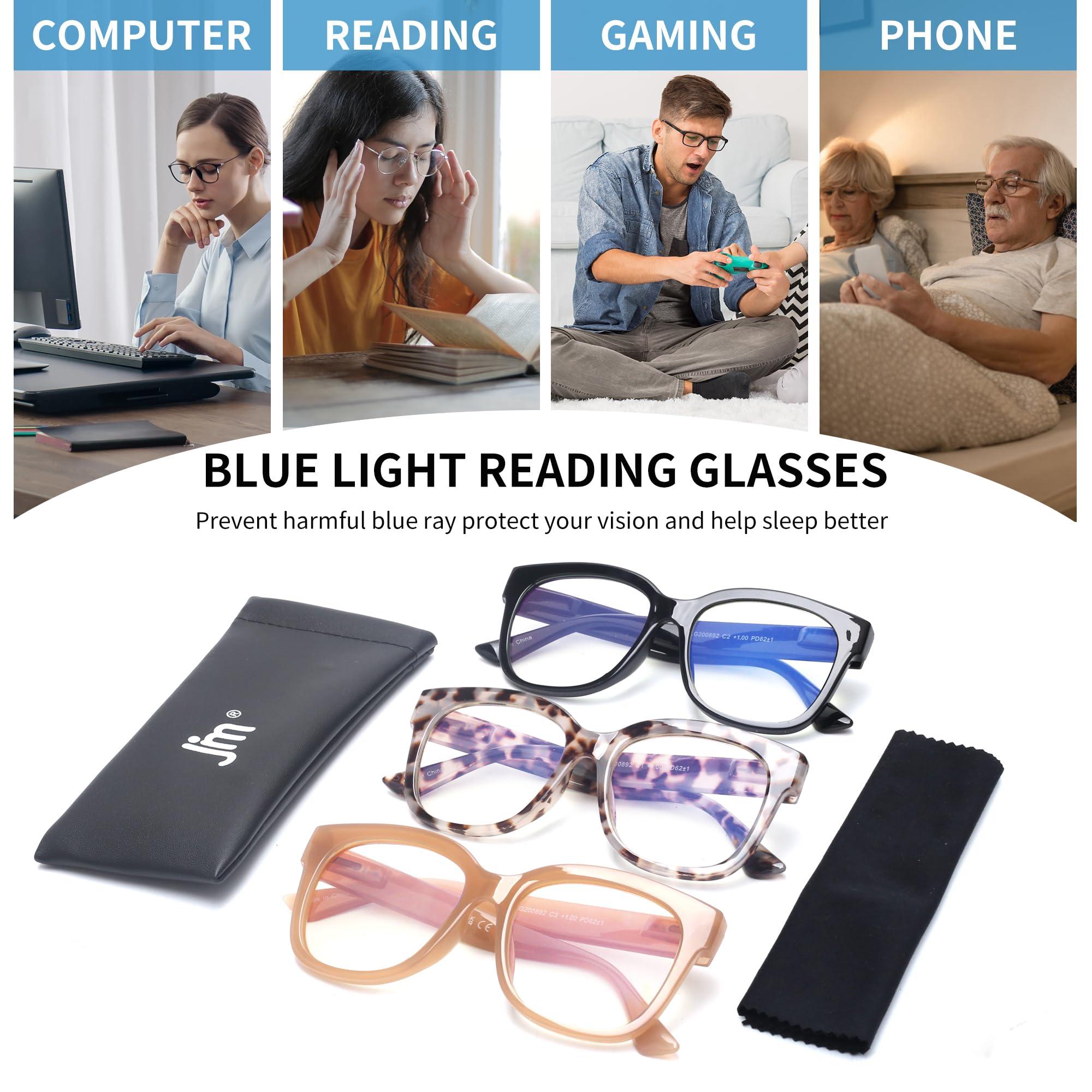JM JM Reading Glasses for Women Oprah Style 3 Pack Square Oversized Readers with Spring Hinge Blue Light Blocking Ladies +2.25