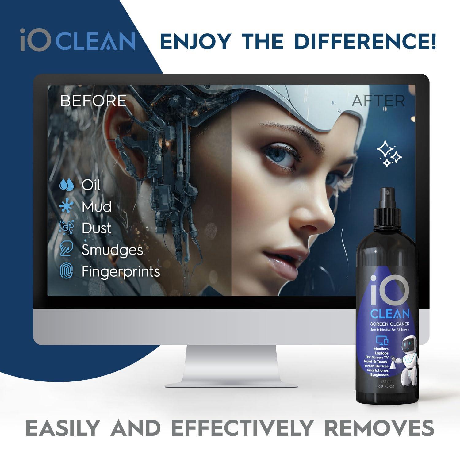 iO CLEAN Screen Cleaner Spray (16oz - 473ml) Best Large Cleaning Kit for LCD LED OLED TV, Smartphone, iPad, Laptop, Touchscreen, Computer Monitor, Electronic Devices, 3 Microfiber Cloths and 2 Nozzles