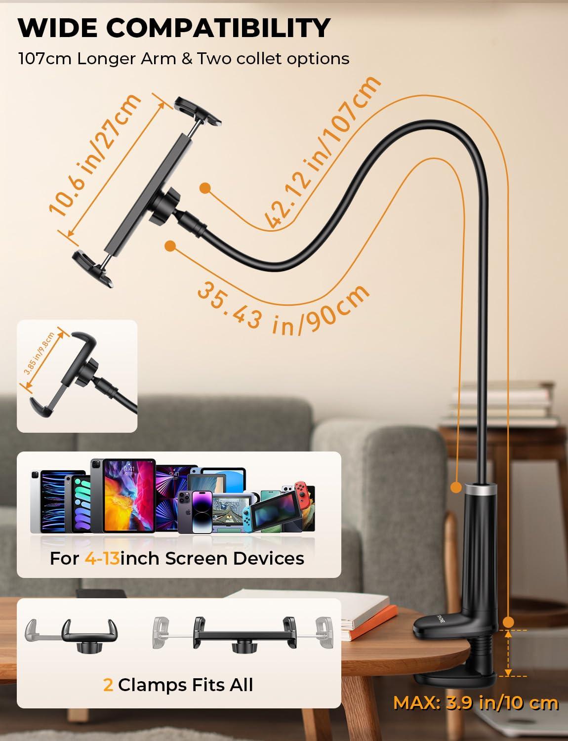 Tryone Gooseneck Phone Holder Tablet Stand for Bed:[Swivel Base] Adjustable Flexible Lazy Arm with 2 Clips Phone Tablet Holder Mount Compatible iPad Pro Air Mini | Kindle | Switch or Other 4-12.9" Device
