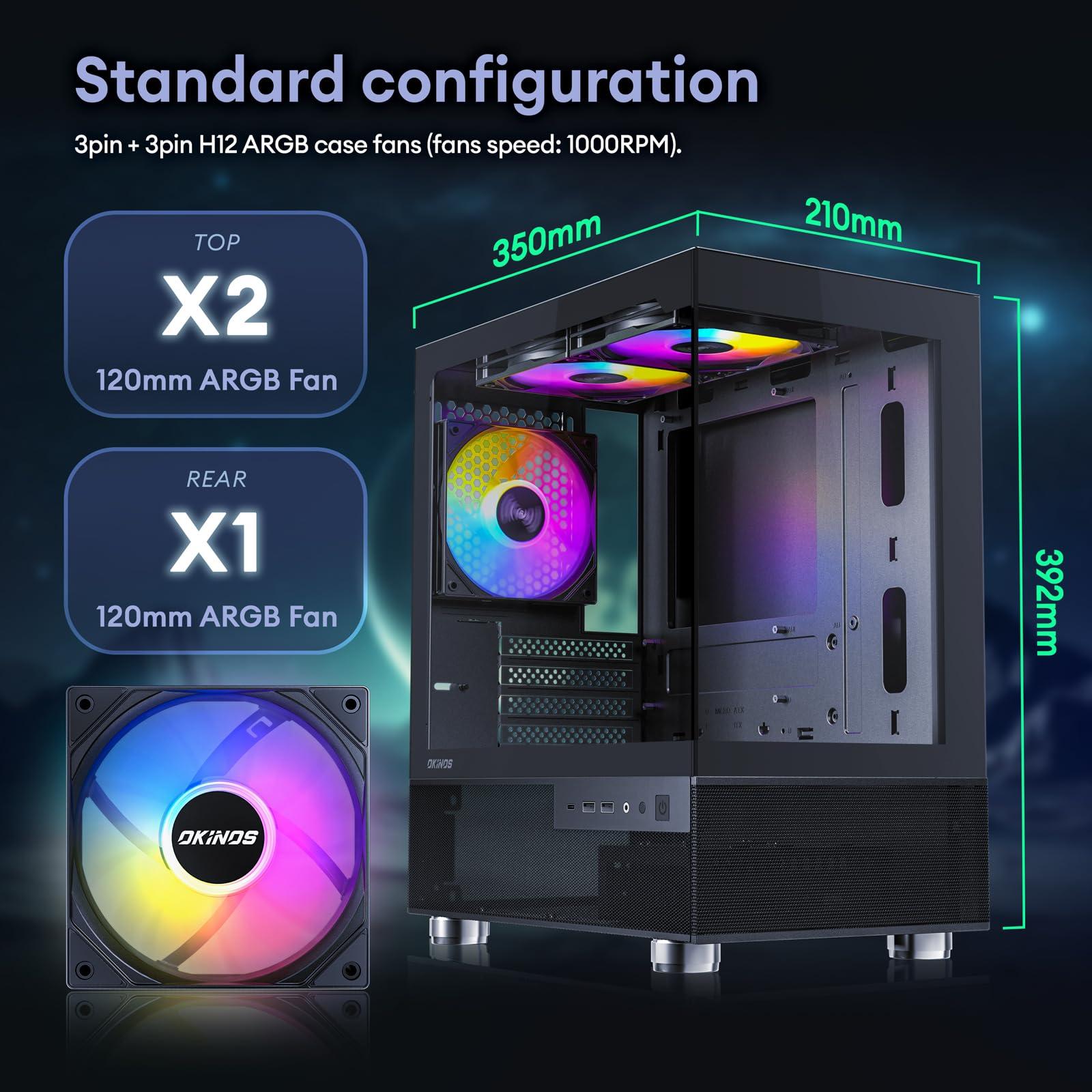 Okinos Okinos Aqua 3, Micro ATX Case, MATX PC Case with 3 X 120mm 3-Pin ARGB Fan Pre-Installed, Panoramic View Tempered Glass Front & Side Panel, with Type C Port, White