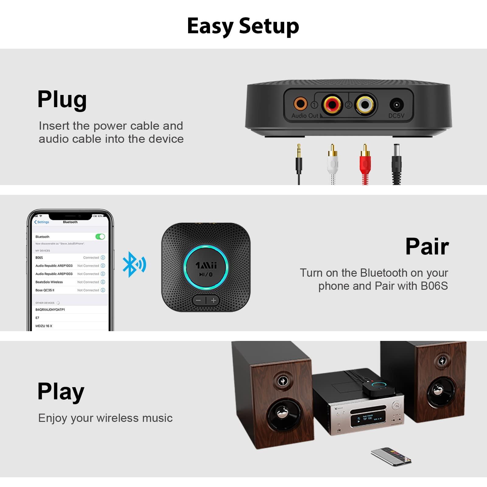 1Mii 1Mii B06S Bluetooth 5.2 Receiver, HiFi Wireless Audio Adapter for Home Stereo System w/aptX HD& Low Latency, Volume Control for Car Speaker, Amplifier, with 3.5 mm/RCA Outputs, Long Range