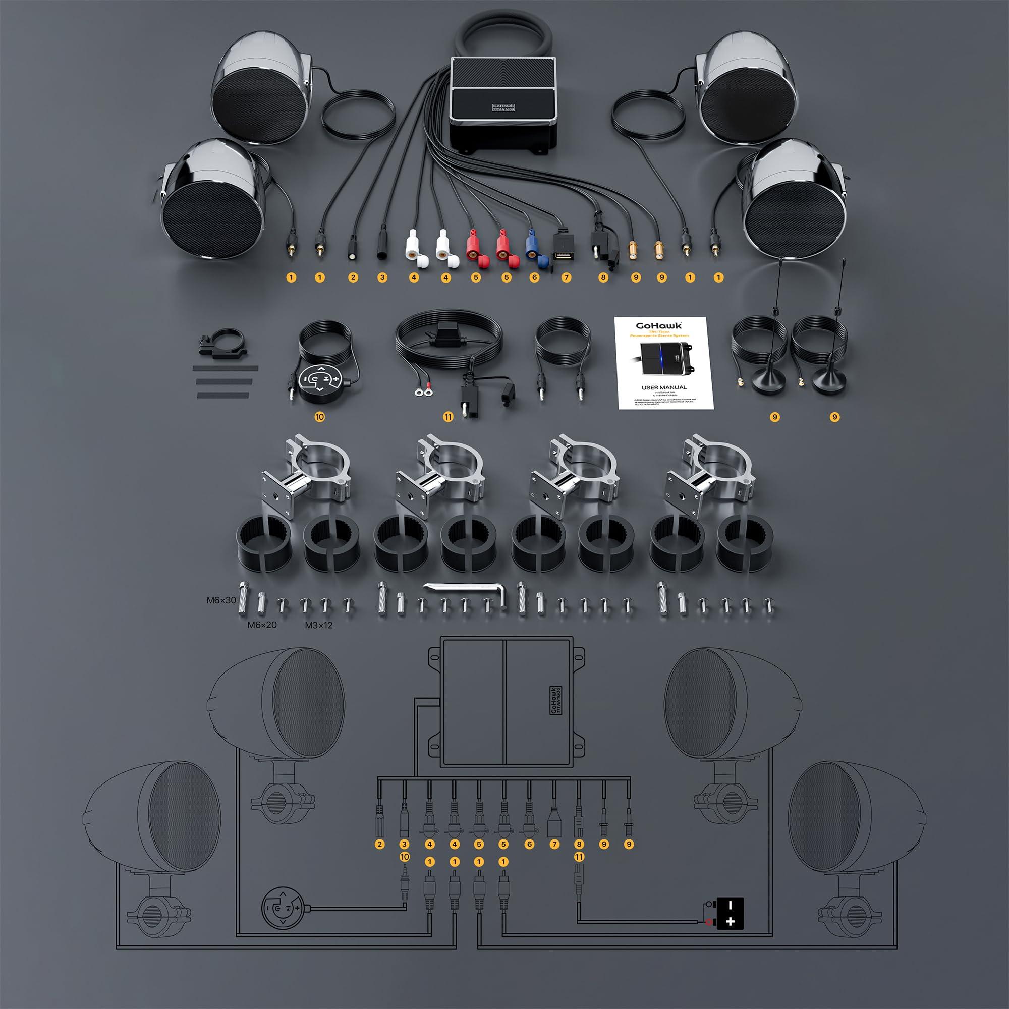 GoHawk GoHawk TR4-Titan Motorcycle Bluetooth 4 Speakers Audio Stereo 4.1 Channel Waterproof Amplifier System 4" Full Range Handlebar Mount MP3 Music Player for Harley ATV UTV FM Radio USB Chrome