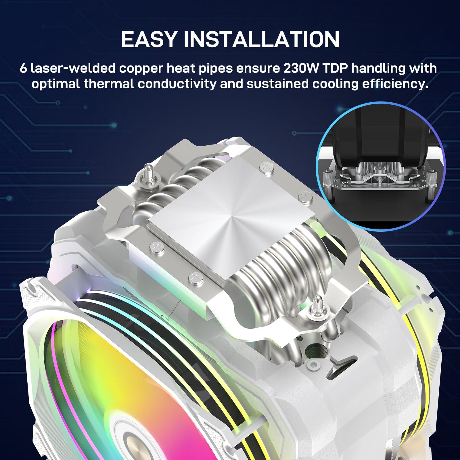 ALSEYE ALSEYE M120D Plus CPU Cooler with Temperature Display, Dual ARGB & PWM Fans, 6 Copper Heat Pipes - Compatible with Intel LGA1700/1200/115X/2011/2066/1366 and AMD AM4/AM5 - Easy Installation - White