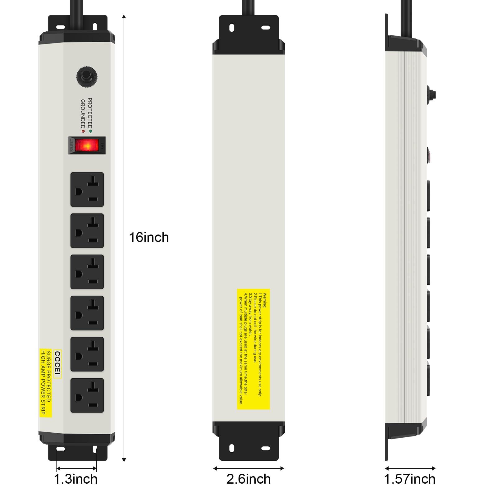 CCCEI CCCEI 12 Gauge Heavy Duty Power Strip Surge Protector 4800J, 20 Amp 6 Plug Industrial Shop Garage Metal Multiple Outlets, 15 FT Extension Cord 5-15P Adapter High Amp 6-20R T-Slot 20a for Appliance.