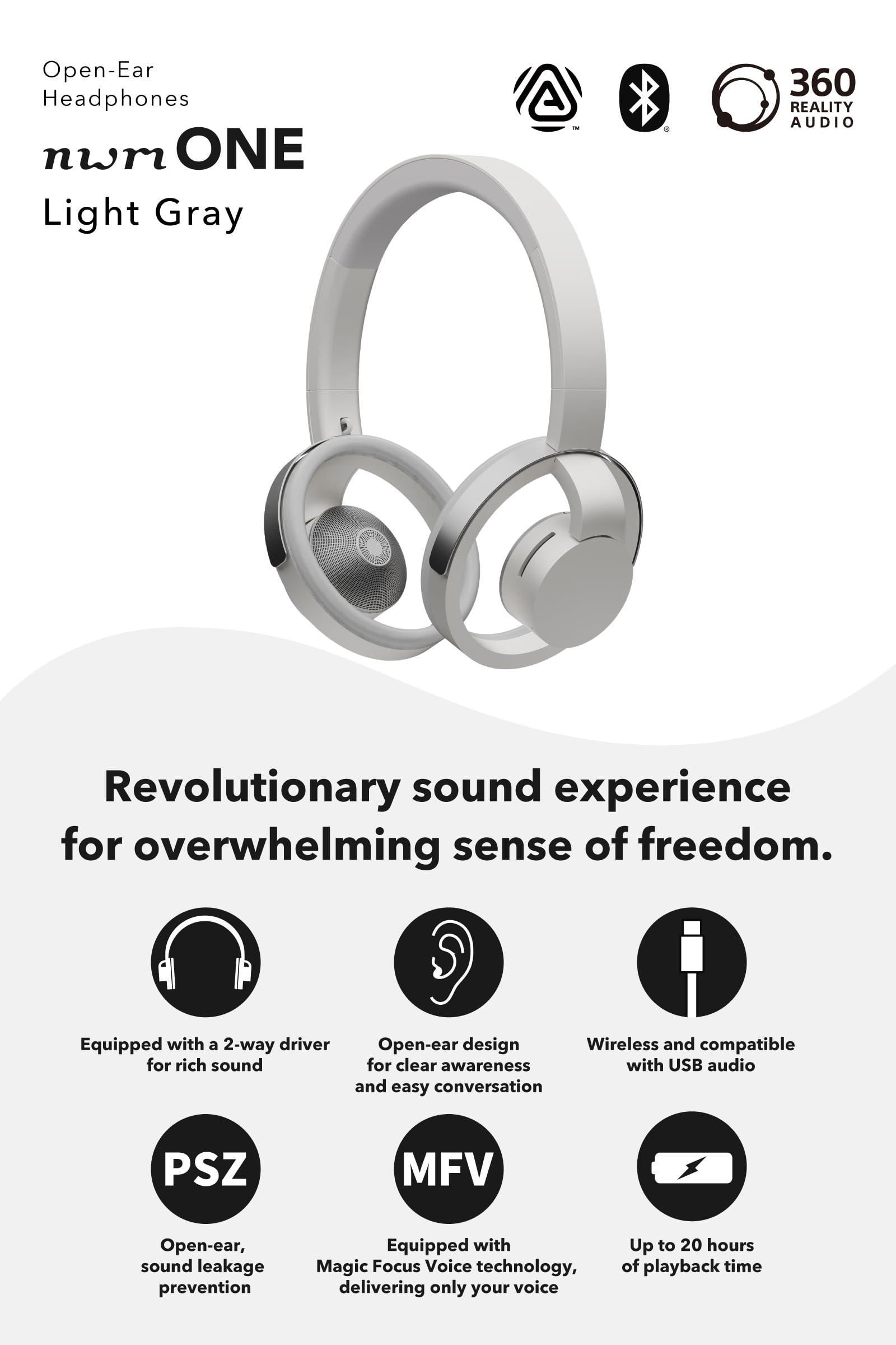 nwm nwm ONE Wireless Open-Ear Headphones | Prevents Sound Leakage with PSZ Technology (Bone Conduction Alternative) | Bluetooth 5.3 | Multipoint | 20-Hour Battery Life with Microphone | Light Gray