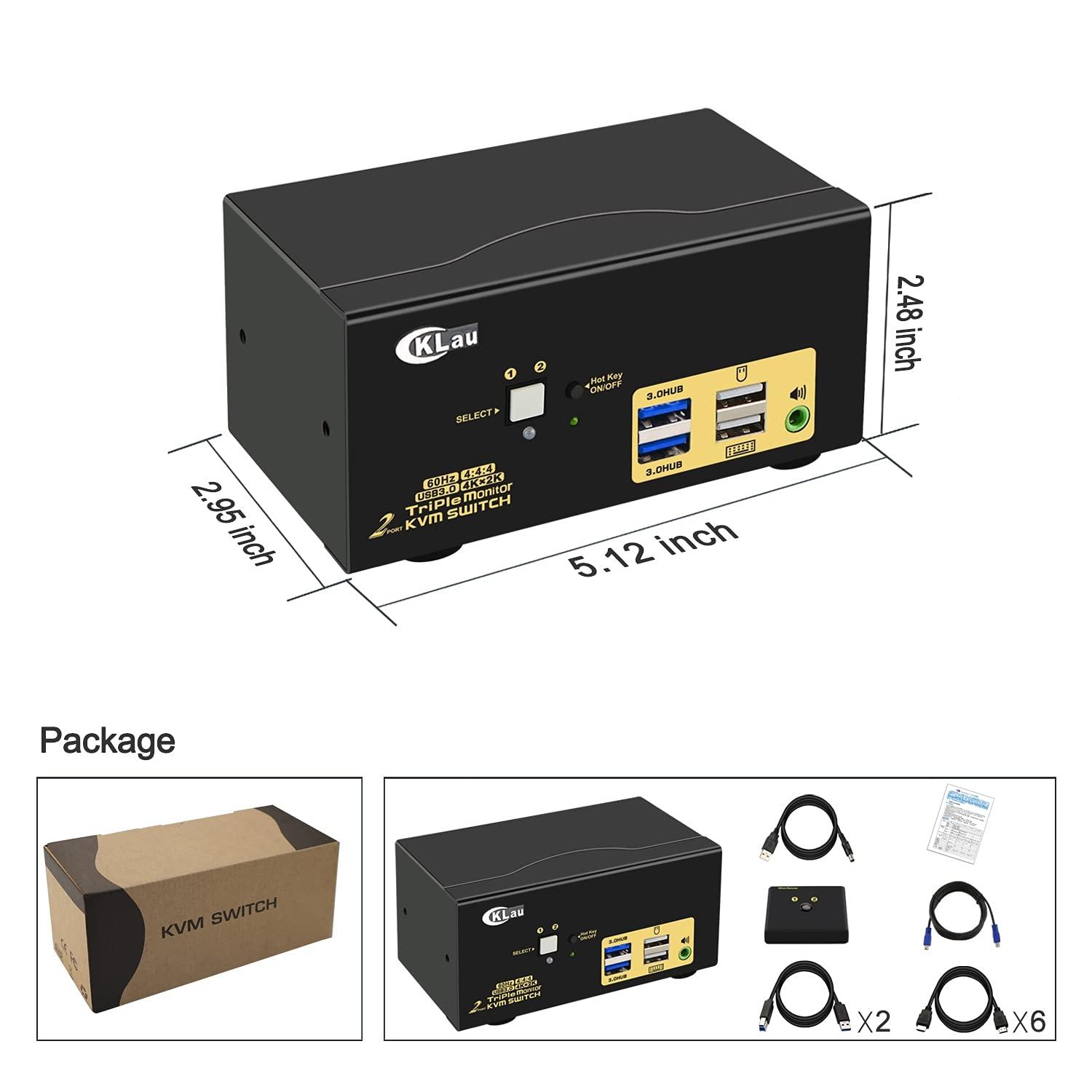 CKLau CKLau 2 Port Triple Monitor KVM Switch HDMI with Audio Output, All Input Cables, 2 USB 3.0 Hub for 2 Computers Sharing 3 Monitors Supports Emulation EDID, Hotkey Switching