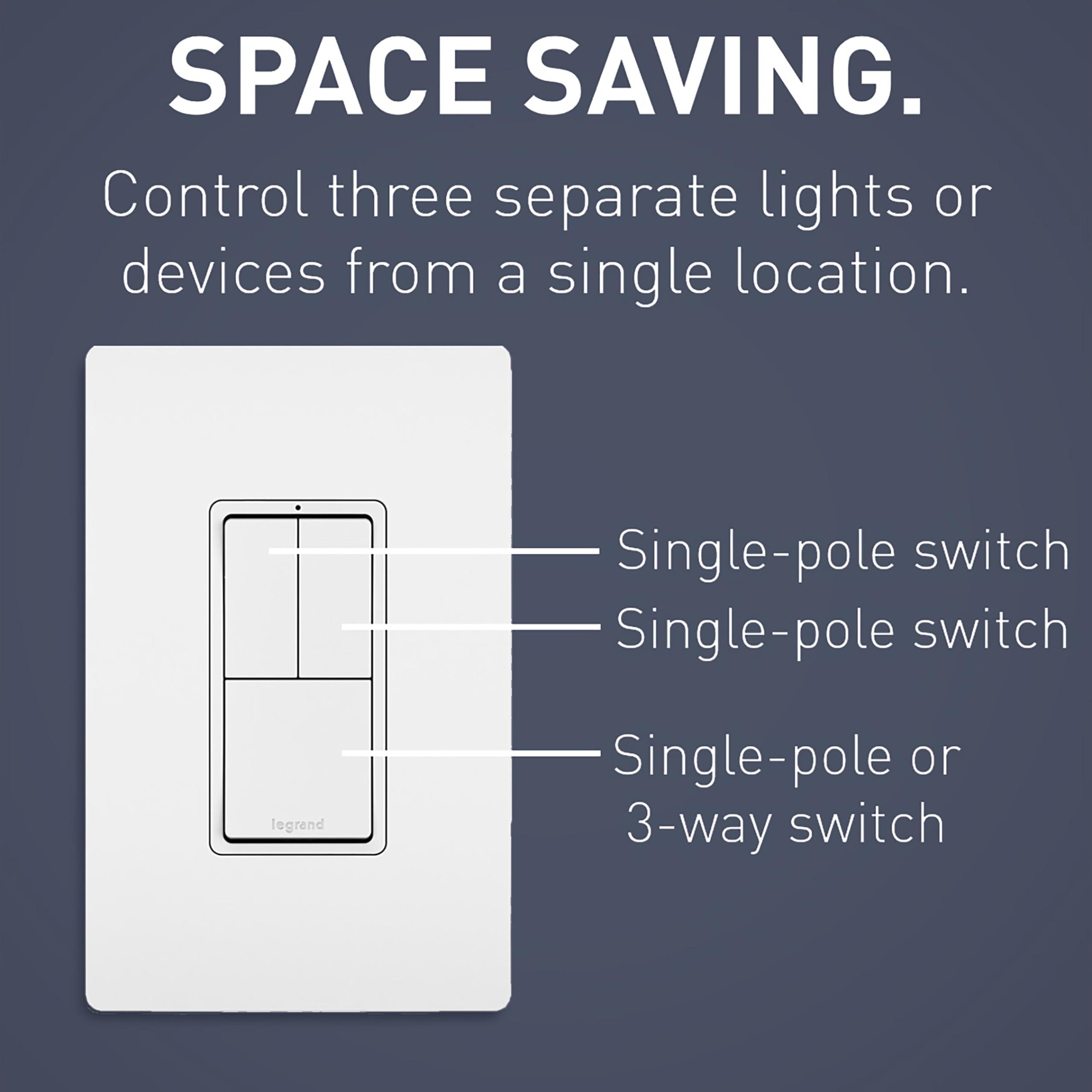 Pass & Seymour Legrand radiant RCD113WCC6 15 Amp Combination 3-in-1 Decorator Rocker Light Switch, Two Single Pole Switches and One 3-Way Switch, White (1 Count)