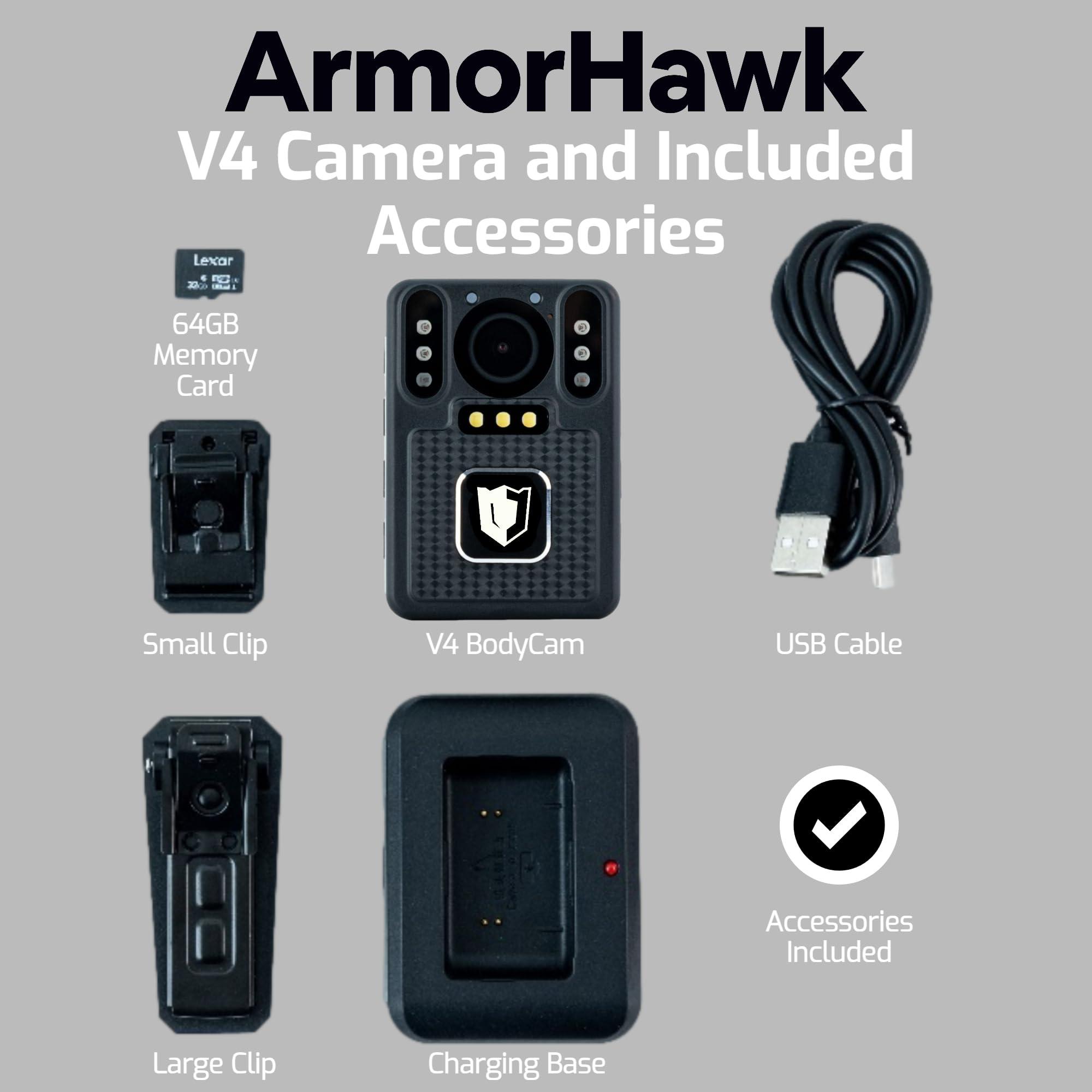 ARMORHAWK ARMORHAWK 4K Body Camera with Audio and Video Recording - Police Body Worn Camera | 140 Wide View Lens | Night Vision, Wearable, Emergency Alarm - for Civilians, Security, Law Enforcement, Personal