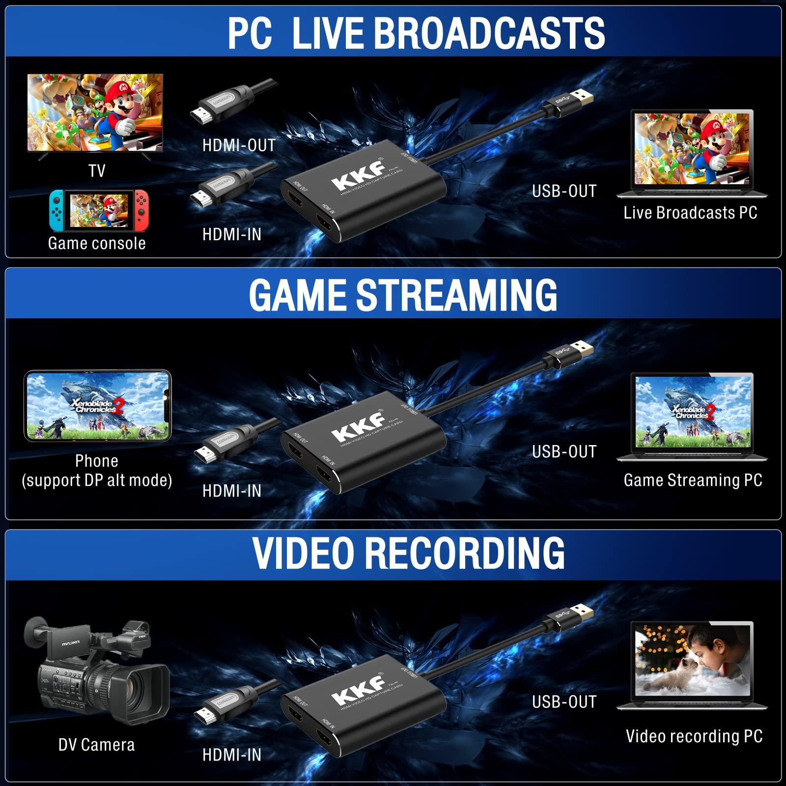 Kkf KKF 4K HDMI Capture Card, 1080P 60FPS Video Capture Card for Streaming and Recording of PS5, PS4, Xbox Series X/S, Nintendo Switch via DSLR OBS with HD Ultra-Low Latency (USB A 3.0)