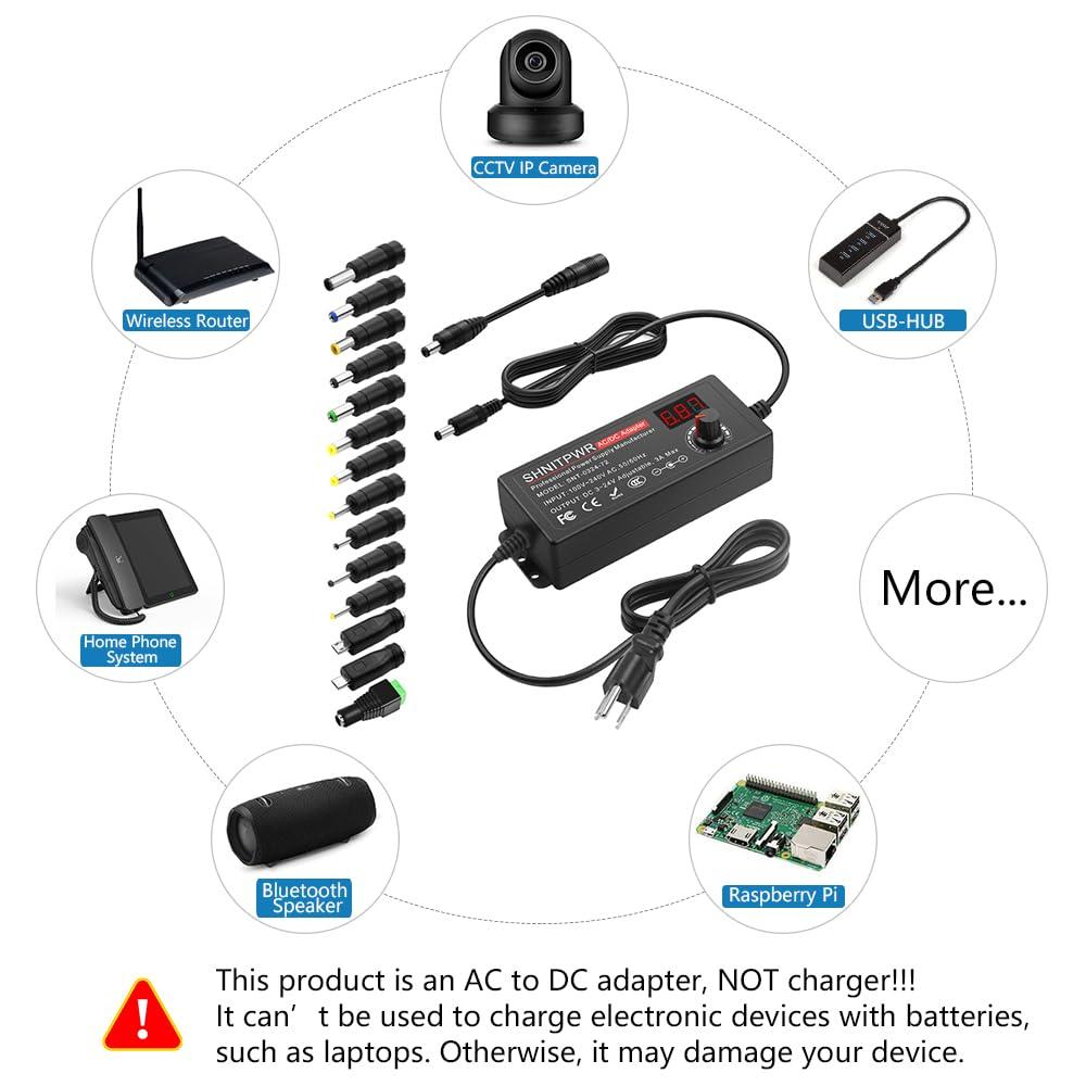 SHNITPWR SHNITPWR 3V ~ 24V 3A 72W Power Supply Adjustable DC 3V 5V 6V 9V 12V 15V 16V 18V 19V 20V 24V Variable Universal AC/DC Adapter 100V-240V AC to DC Converter with 14 Tips 5.5x2.5mm 4.0x1.7mm 3.5x1.35mm