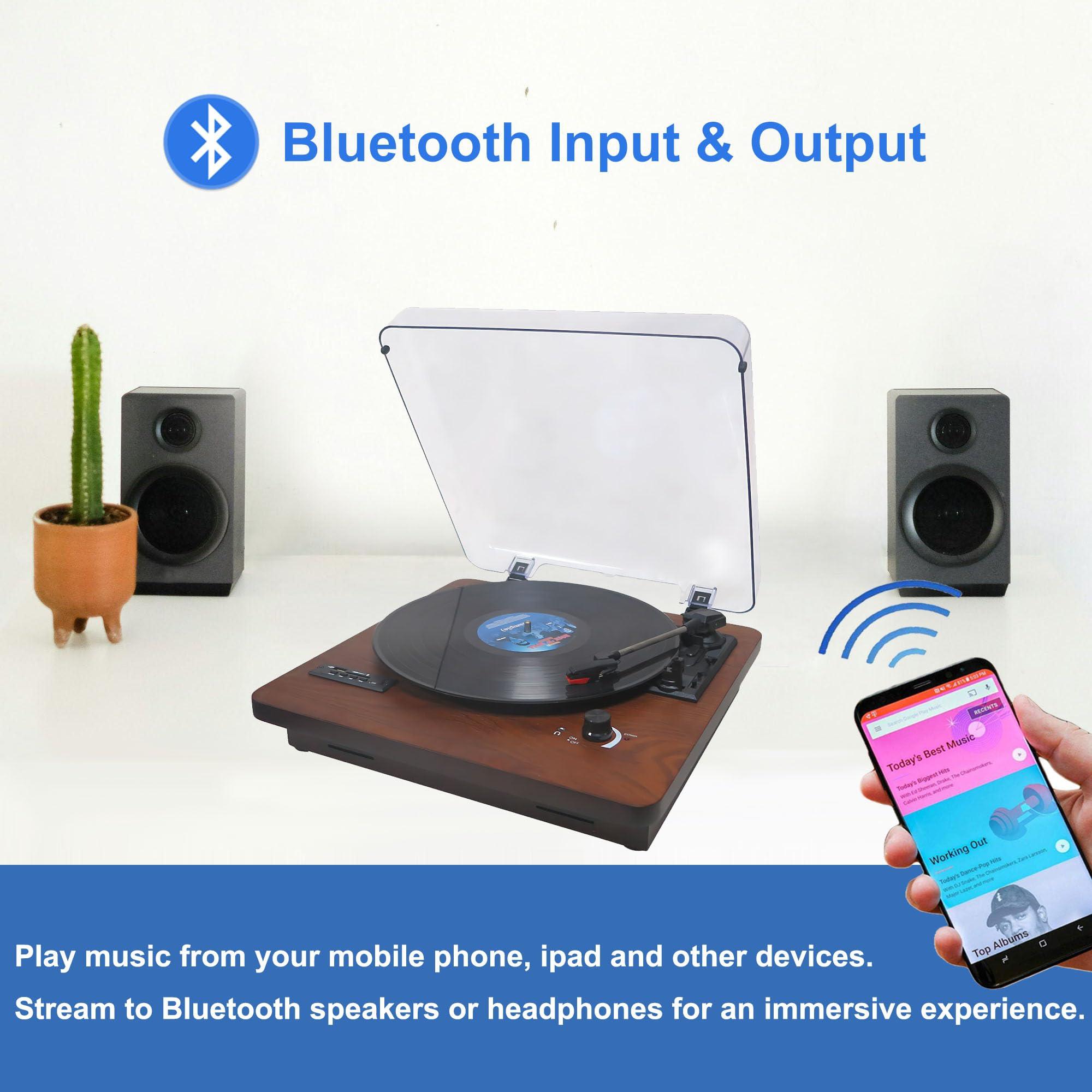 DLITIME Portable Record Player with Bluetooth Output/Input, USB/SD Play and Recording, FM Radio, 3-Speed Vintage Turntable with Speakers, AUX in, RCA Line Out, Earphone Jack, Dust Cover