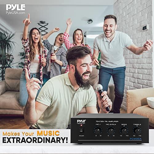 Pyle Pyle Compact Mini Home Power Amplifier - 60W Smart Small Indoor Audio Stereo Receiver w/ RCA, 2 Microphone IN, 25/70 Volt Outputs, LED, Input Selector, For PA, Amplified Speaker Sound System - PCM30A