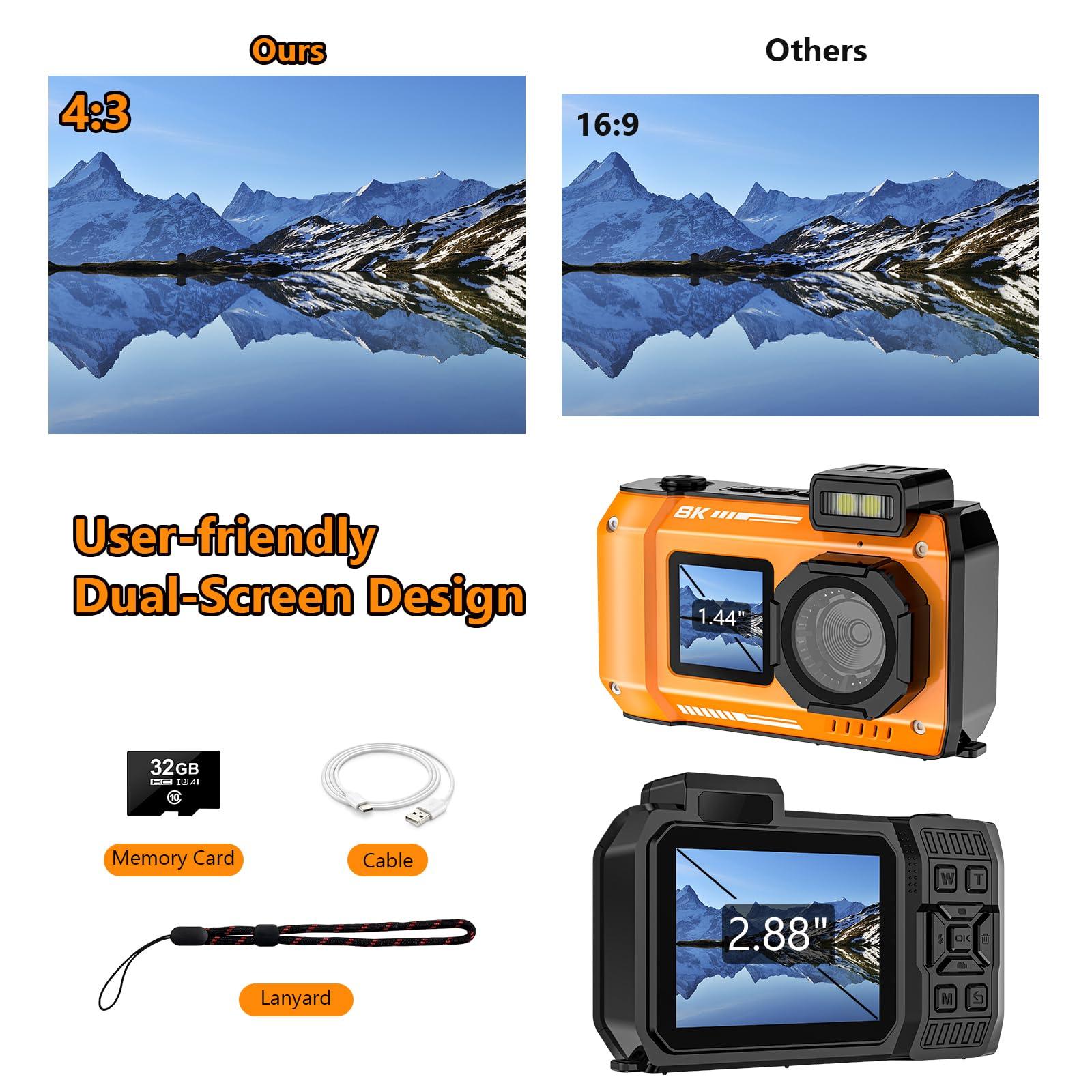 SPUNALP 8K UHD Underwater Camera 33FT Autofocus 70MP Rugged Dustproof Shockproof Digital Waterproof Dual-Screen Selfie Underwater Photograph Camera with 32GB Card, Orange