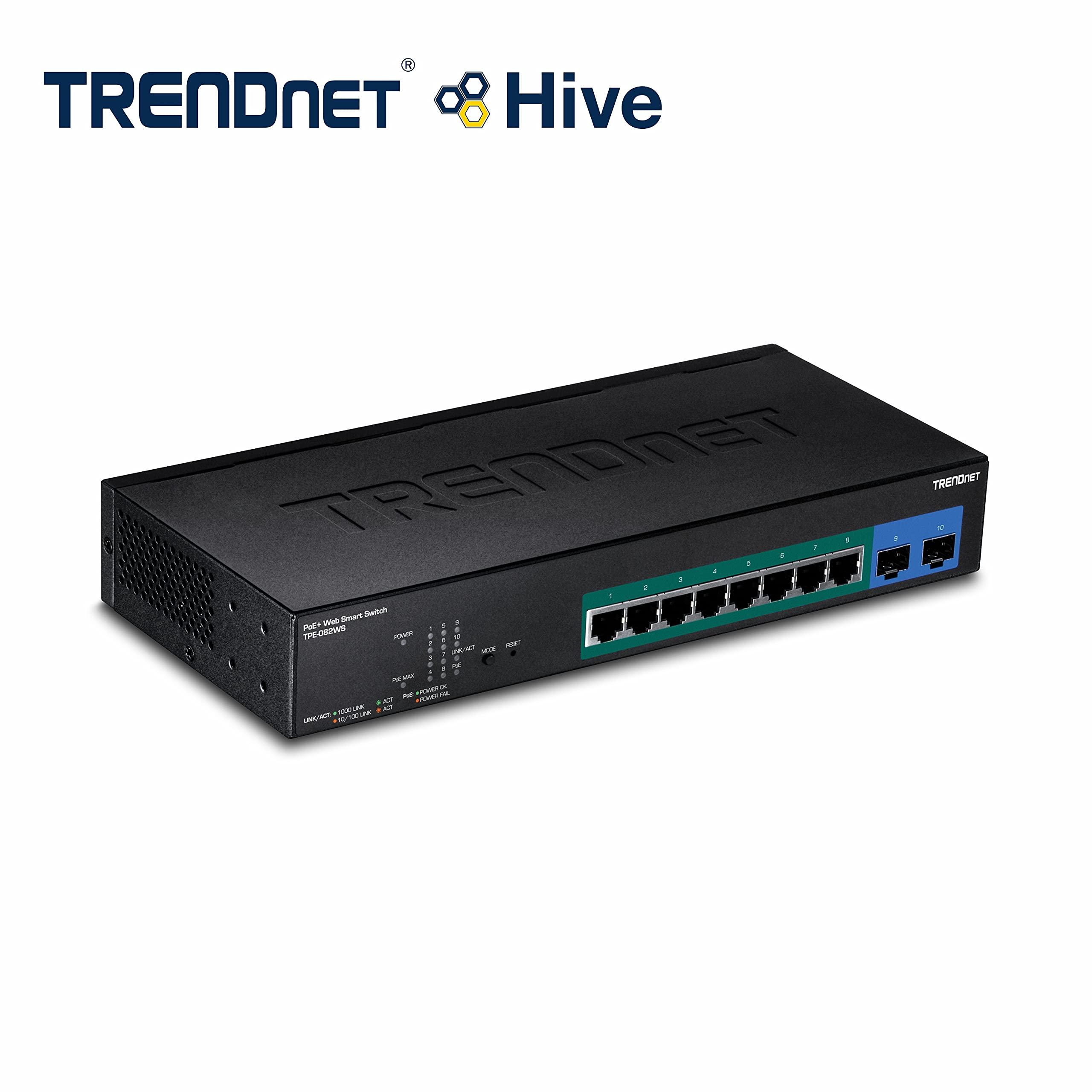 TRENDnet TRENDnet 10-Port Gigabit Web Smart PoE+ Switch, 8 x Gigabit PoE+ Ports, 2 x SFP Slots, Vlan, QoS, IPv6 Support, 20Gbps Switching Capacity, 75W PoE Power Budget, Lifetime Protection, Black, TPE-082WS