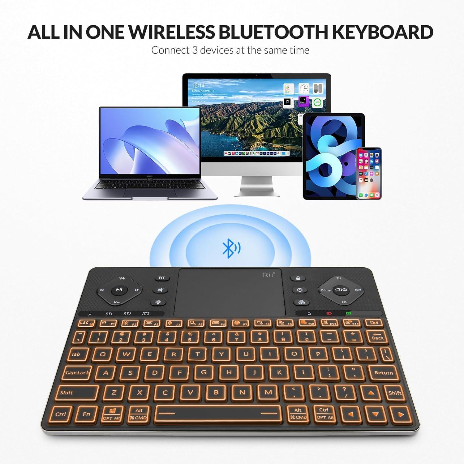Rii Rii Wireless Keyboard K16,Bluetooth Keyboard with Touch Pad, Rechargeable Keyboard with RGB Backlit,Multimedia Compact Keyboard for Android TV,Projector,HTPC,Smart TV,Tablet,iPad,PC,Laptop
