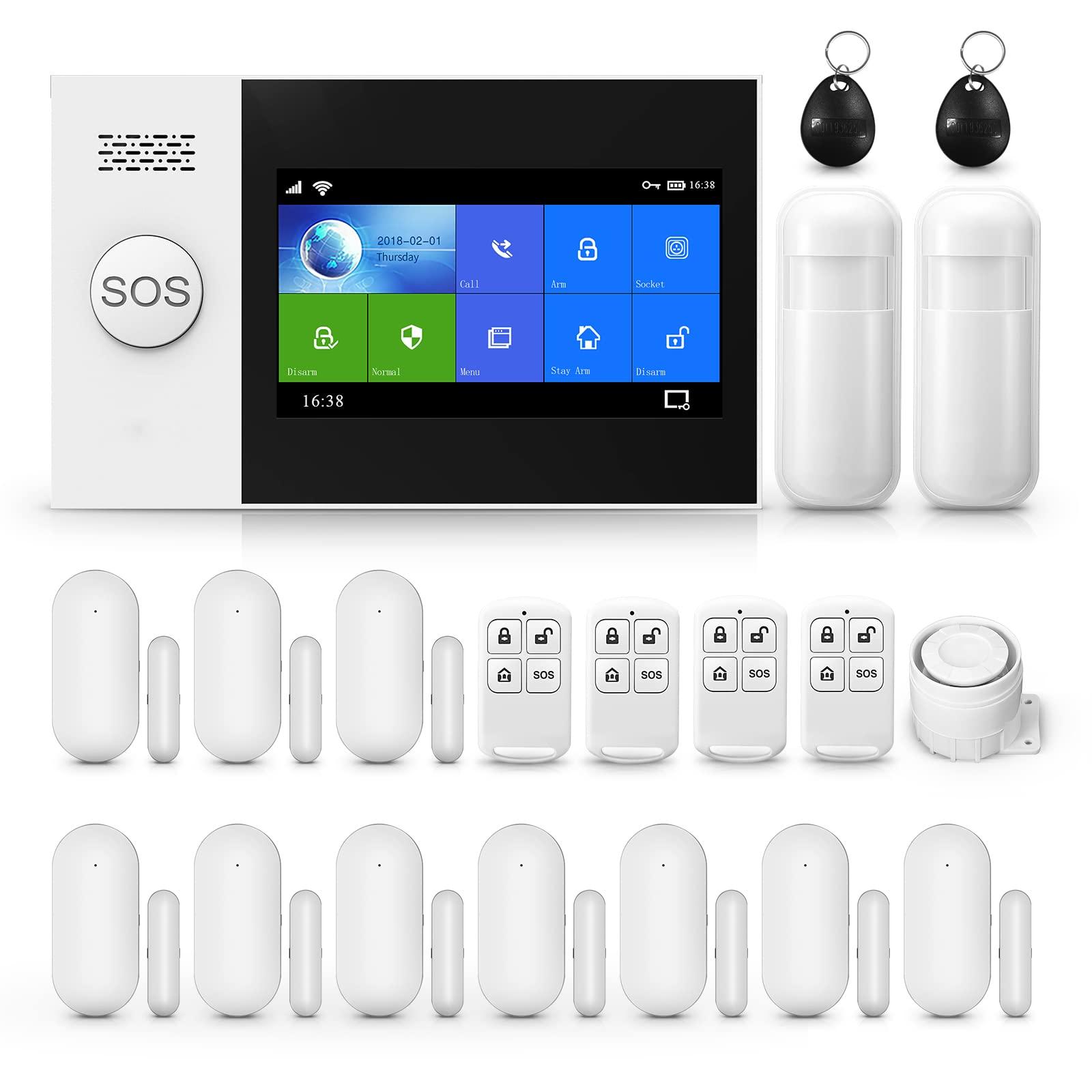 Clouree Touch Screen Alarm System for Whole House Security, WiFi Wireless Home Alarm 20 Piece Kit with Siren, PIR Motion Sensor, Remote Controls, Window/Door Sensor,Support SMS Push