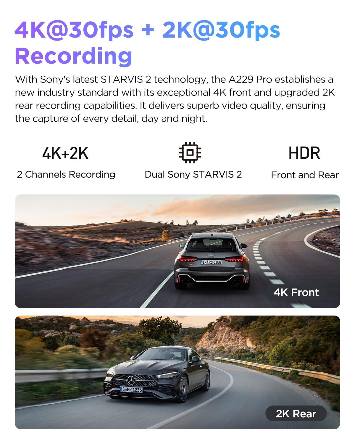 VIOFO Bundle: VIOFO A229 Pro 2CH + 512GB Card + HK4 with 8pcs Fuse Tap VIOFO A229 Pro 4K HDR Dash Cam, Dual STARVIS 2 IMX678 IMX675, 4K+2K Front and Rear Car Camera, 2 Channel with HDR, 5GHz WiFi GPS